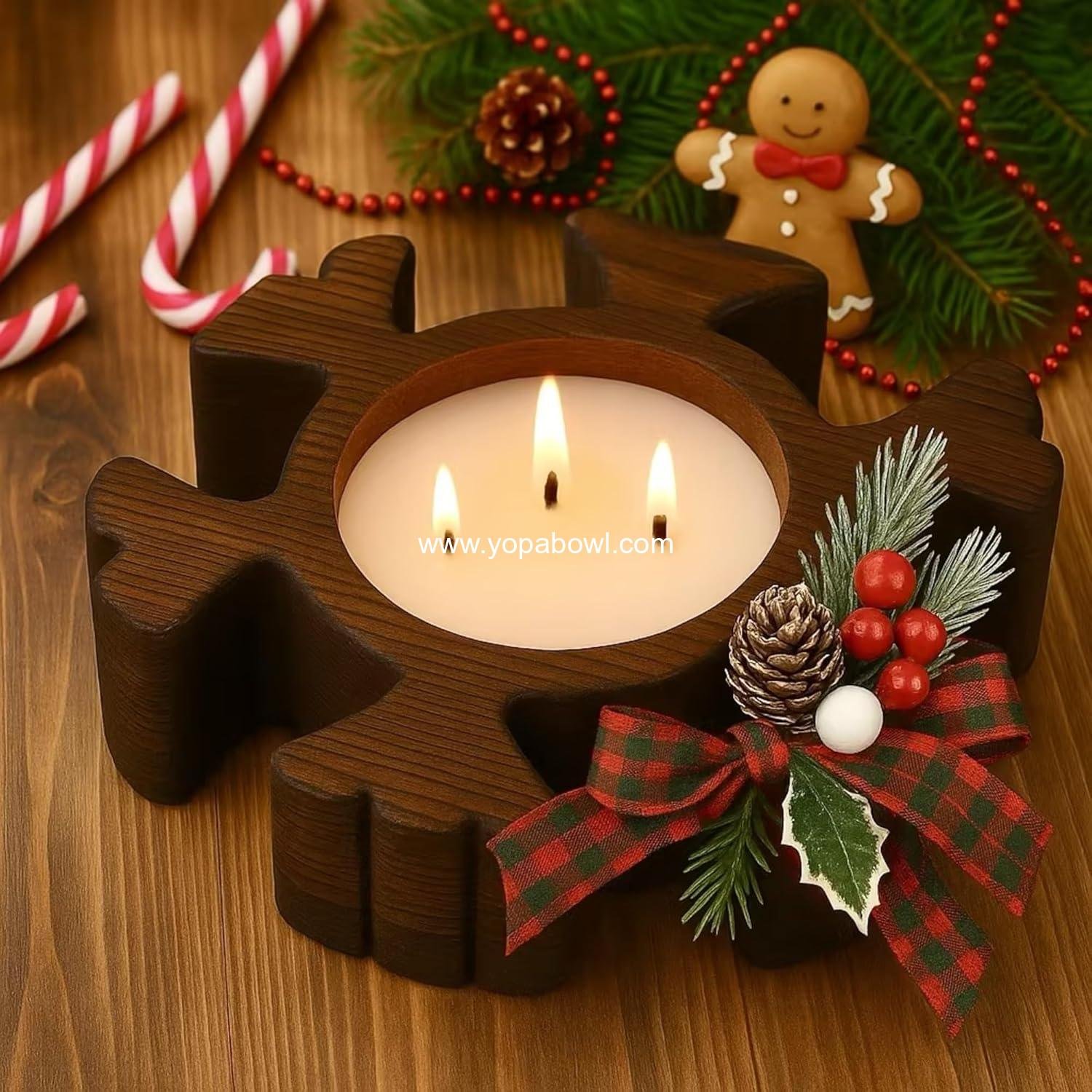 Wooden Dough Bowl Candle Christmas Snowflake Wick Candle 7.87 Inch Winter Trendy Soy Wax Aesthetic Christmas Bowl Decor for Women Birthday Xmas Gifts Home Wedding