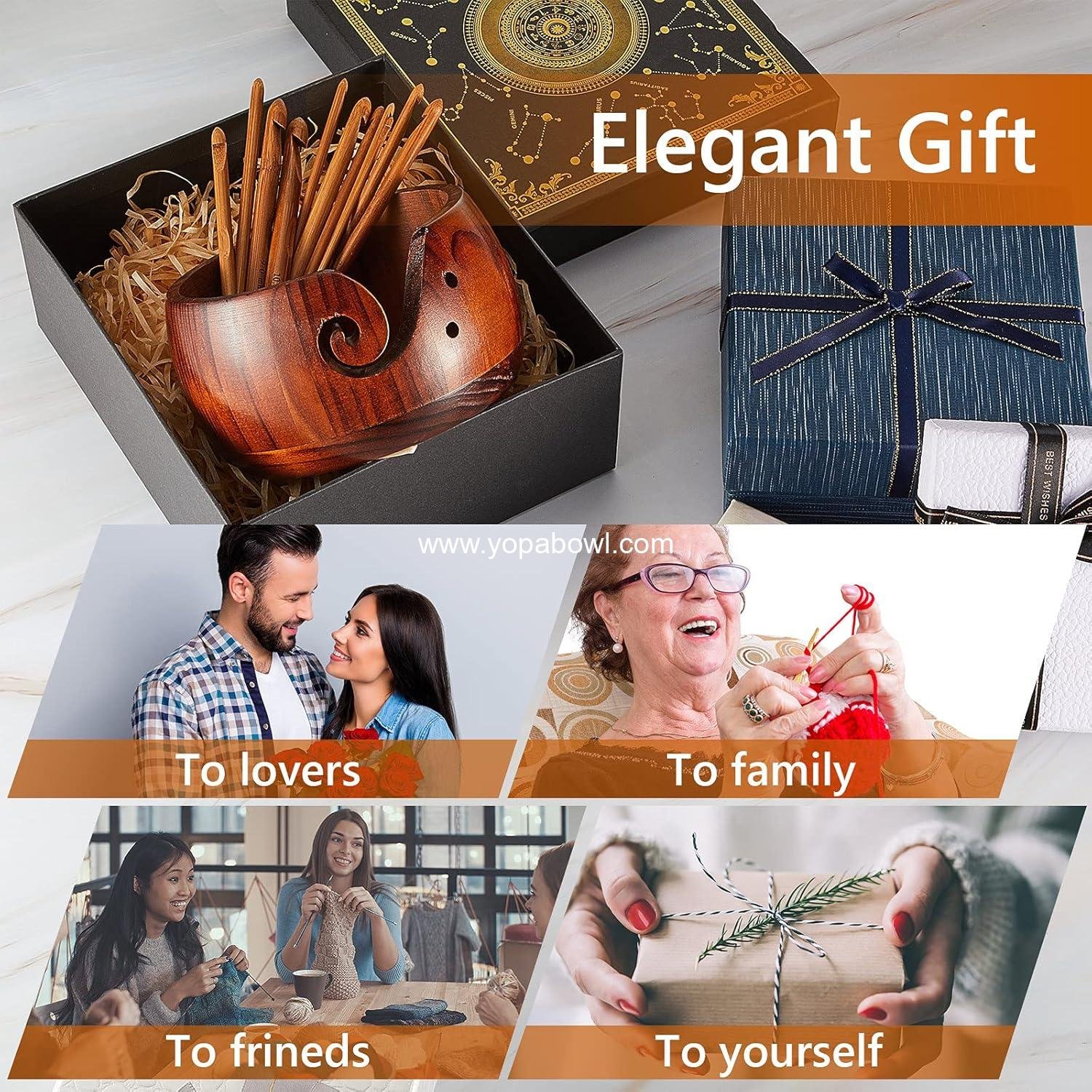 Wholesale 6 x 6 x 3 Inch Wooden Yarn Bowls for Crocheting and Knitting with 12 Crochet Hooks for DIY Crafts Tools (Dark Brown) Manufacturer