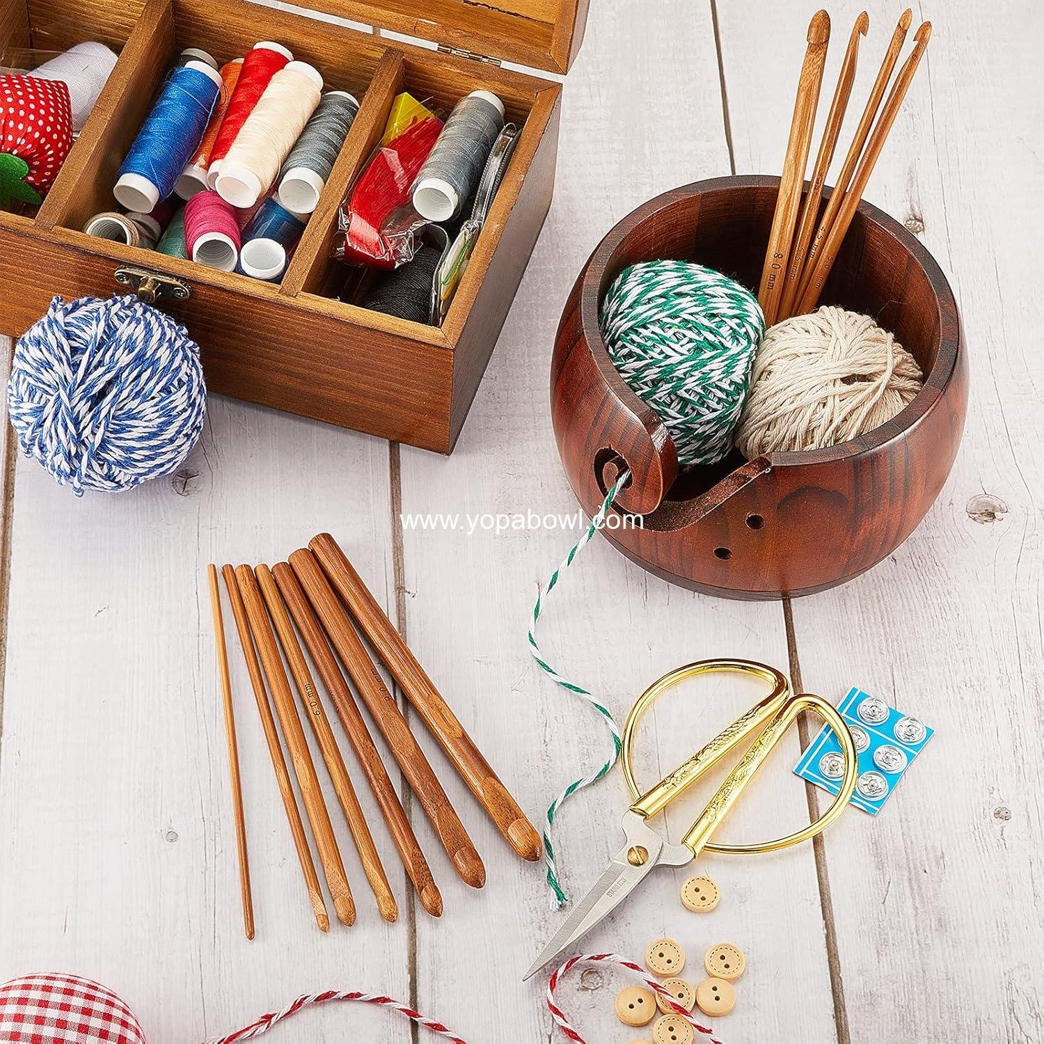 Wholesale 6 x 6 x 3 Inch Wooden Yarn Bowls for Crocheting and Knitting with 12 Crochet Hooks for DIY Crafts Tools (Dark Brown) Manufacturer