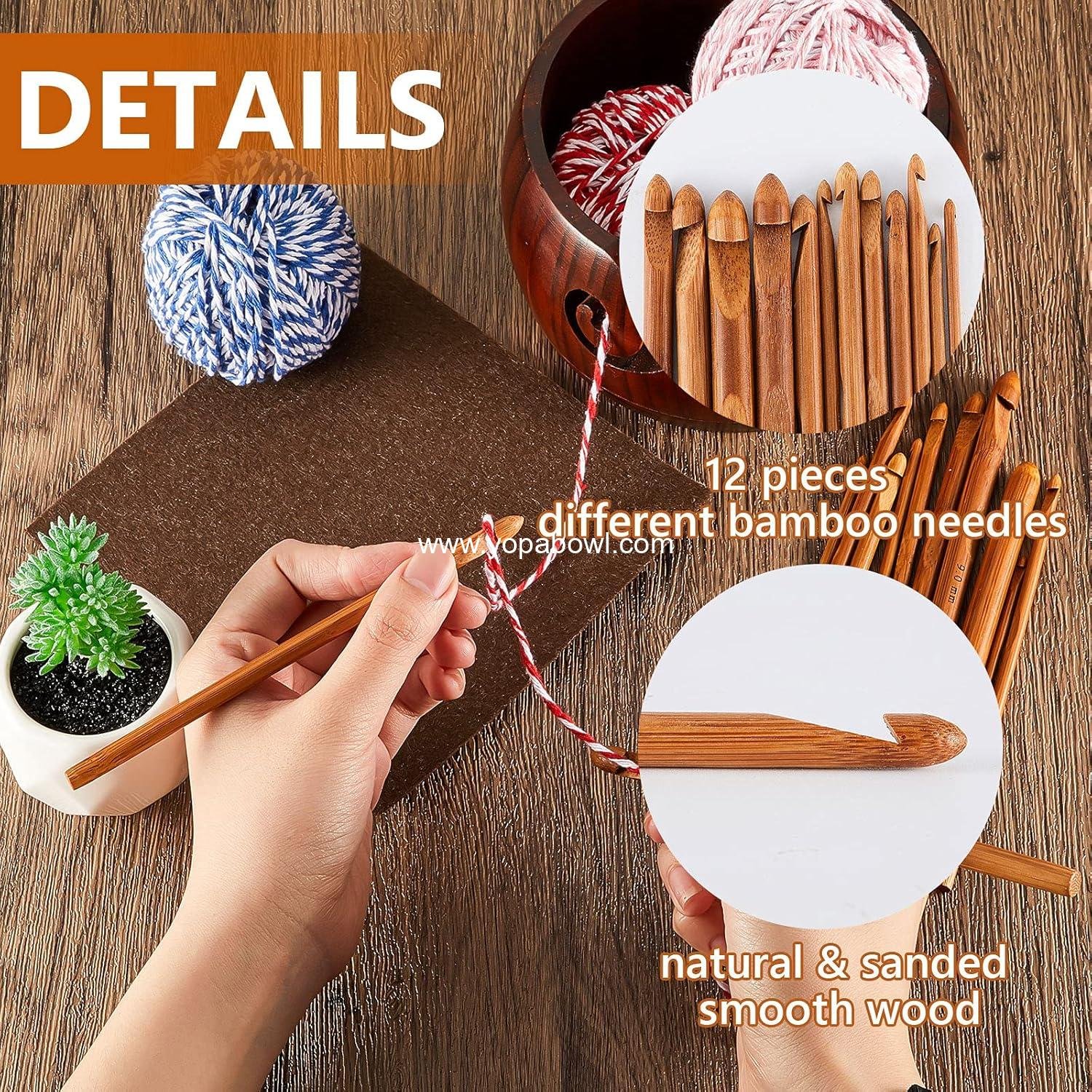 Wholesale 6 x 6 x 3 Inch Wooden Yarn Bowls for Crocheting and Knitting with 12 Crochet Hooks for DIY Crafts Tools (Dark Brown) Manufacturer