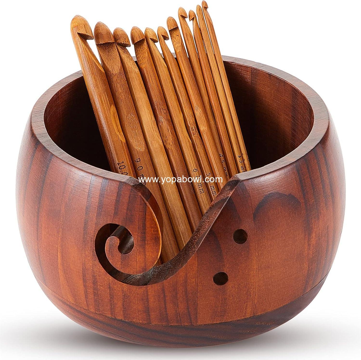 Patelai 6 x 6 x 3 Inch Wooden Yarn Bowls for Crocheting Round Knitting Wool Storage Yarn Bowl Handmade with Holes 12 Pieces Crochet Hooks for Knitting DIY Crafts Tools(Dark Brown)
