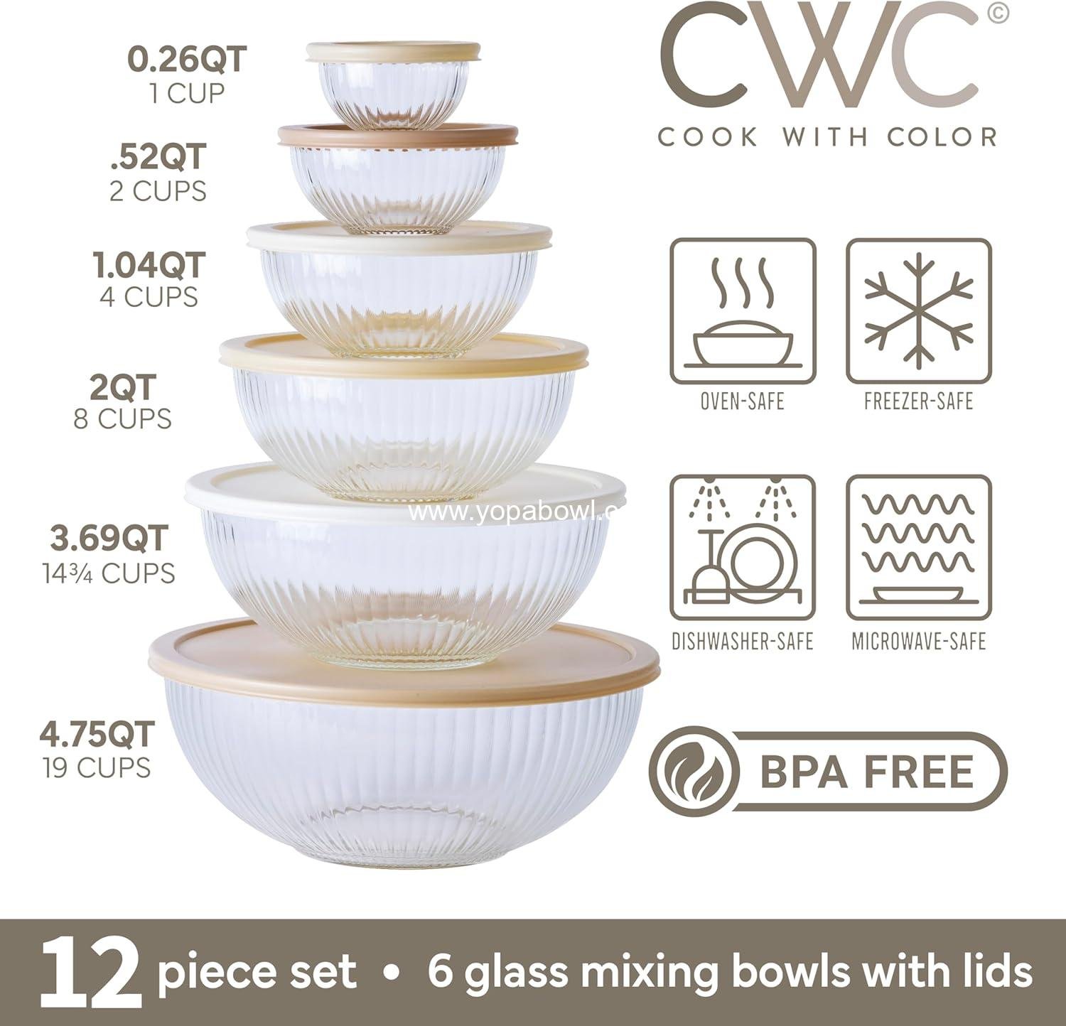 OEM 12-Pc Glass Mixing Bowl Set with Lids – Borosilicate Nesting Bowls for Cooking, Baking, Meal Prep, Fluted Brown Factory