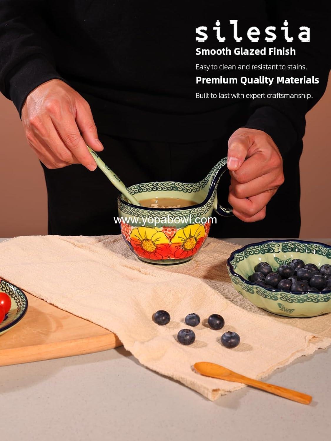 OEM Handmade Ceramic Soup Bowl, Plate, and Spoon Set - Hand Painted Cereal Bowl, Ideal for Soup, Ice Cream, Snacks, and Stew, Gift Box Included, Dishwasher & Microwave Safe, Glazed Green, Wholesale Factory