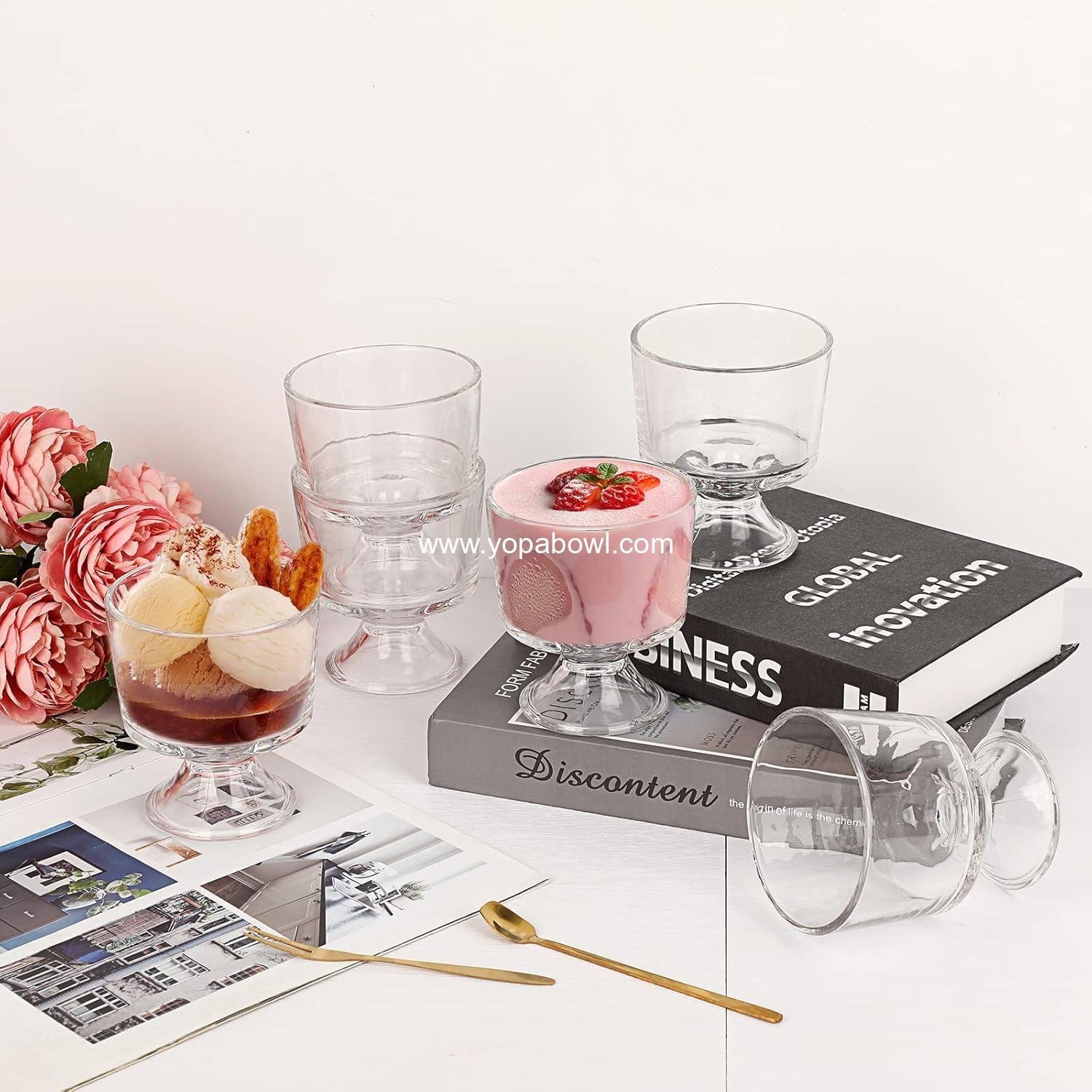 Wholesale 10 oz Glass Dessert Bowls Set of 6, Cute Footed Bowls for Ice Cream, Trifle, Fruit, Pudding, Snacks, Salad, Condiments, Sundaes, and Cocktails - Factory