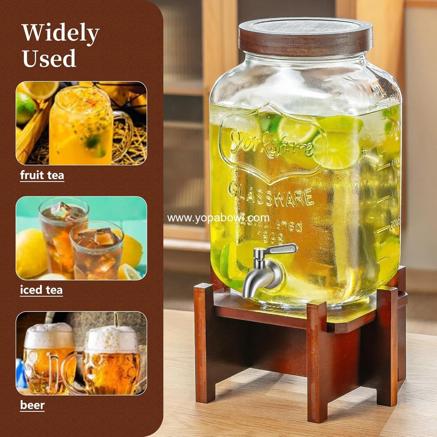 Wholesale Drink Dispenser with Acacia Wood Stand and Lid, 2 Gallon Glass Beverage Dispenser with Stainless Steel Spigot for Parties, Picnics, Barbecues, Lemonade, Ice Coffee, Laundry Detergent Dispenser, Factory