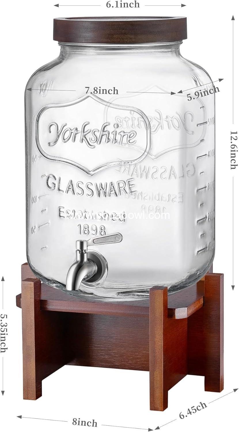 Wholesale Drink Dispenser with Acacia Wood Stand and Lid, 2 Gallon Glass Beverage Dispenser with Stainless Steel Spigot for Parties, Picnics, Barbecues, Lemonade, Ice Coffee, Laundry Detergent Dispenser, Factory