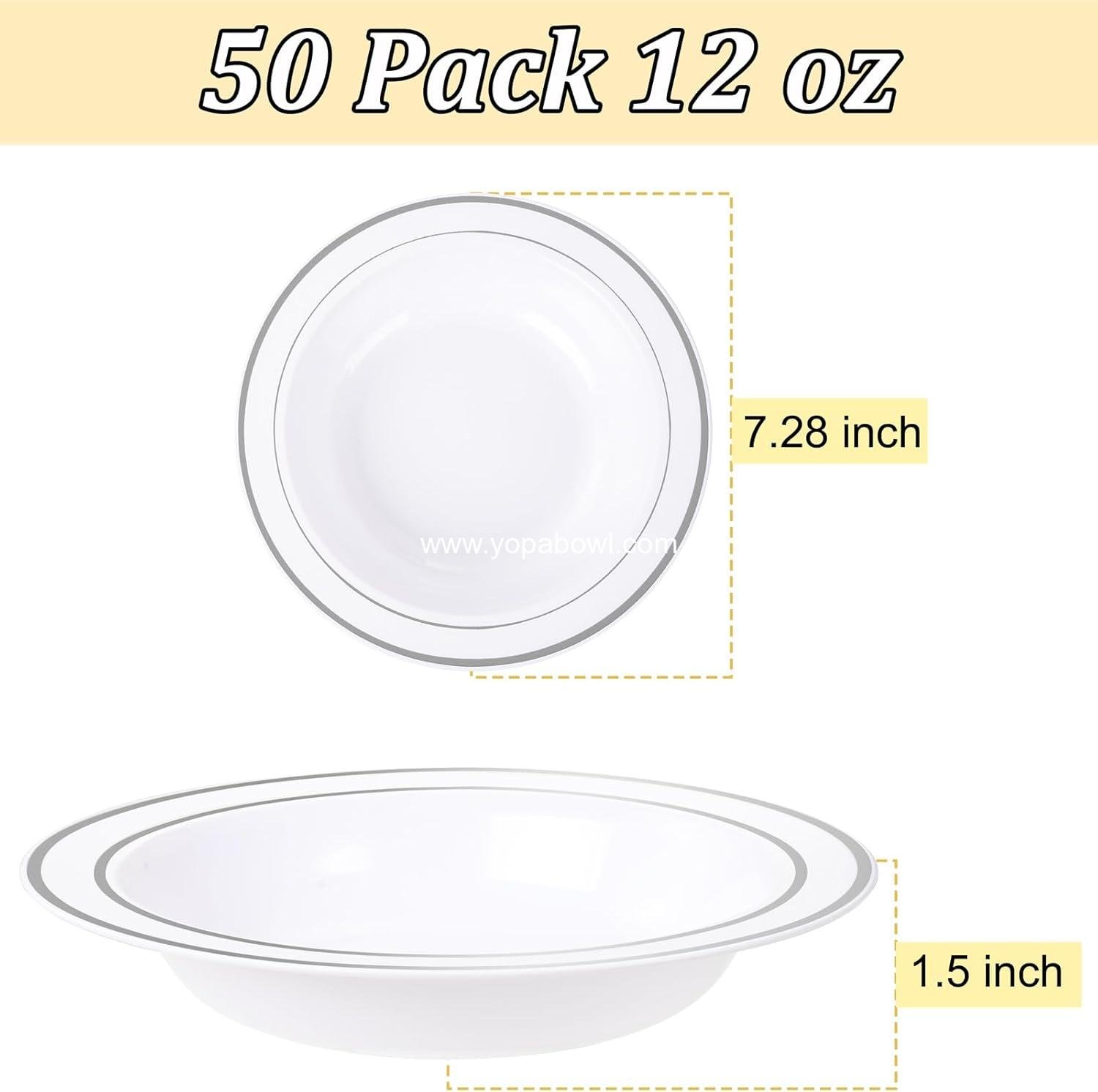 Wholesale 50 Pack Disposable 12oz Plastic Bowls with Silver Rim - Heavy Duty Soup, Salad, and Dessert Bowls for Weddings, Parties, Catering, and Everyday Use - Factory