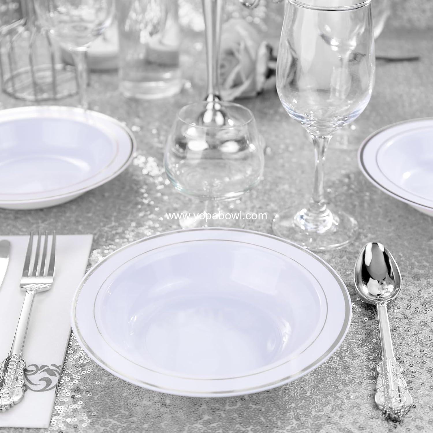 Wholesale 50 Pack Disposable 12oz Plastic Bowls with Silver Rim - Heavy Duty Soup, Salad, and Dessert Bowls for Weddings, Parties, Catering, and Everyday Use - Factory