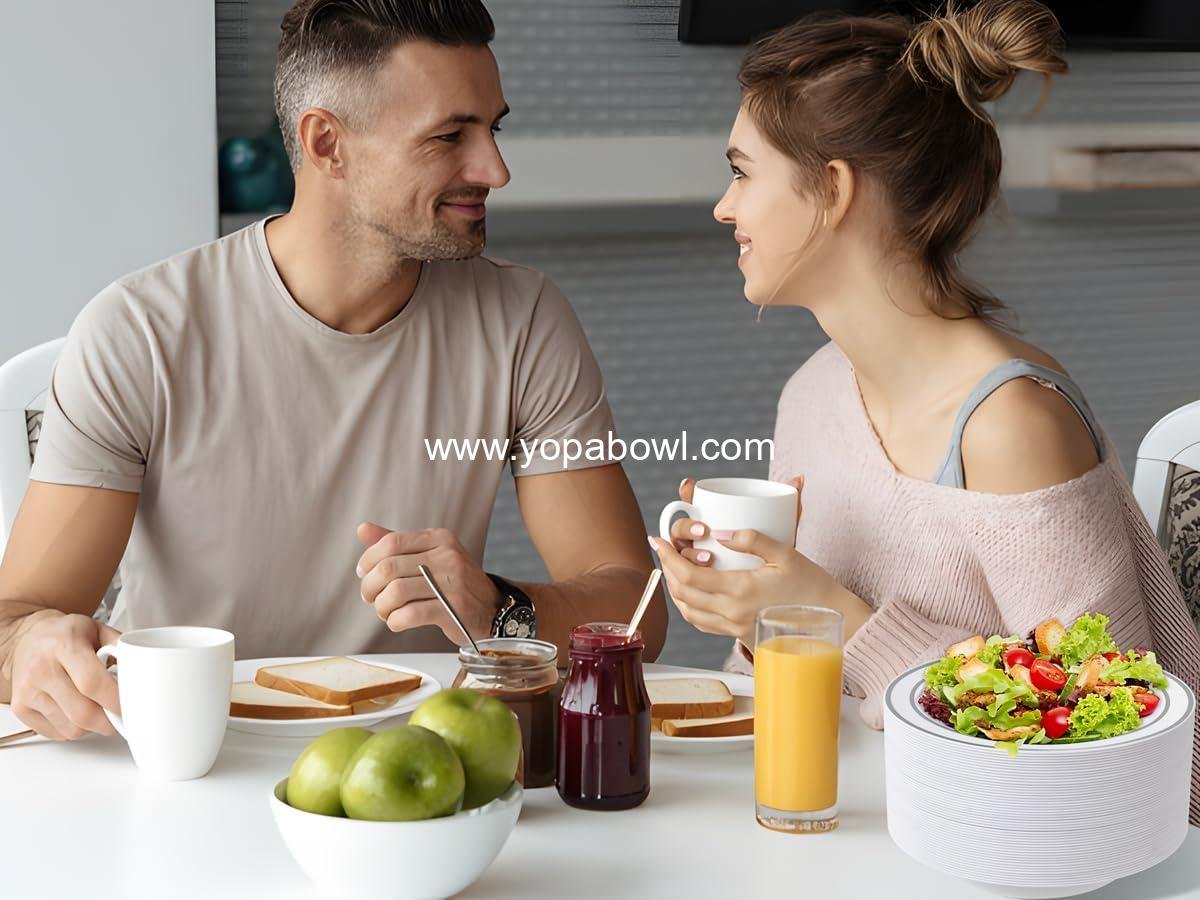 Wholesale 50 Pack Disposable 12oz Plastic Bowls with Silver Rim - Heavy Duty Soup, Salad, and Dessert Bowls for Weddings, Parties, Catering, and Everyday Use - Factory