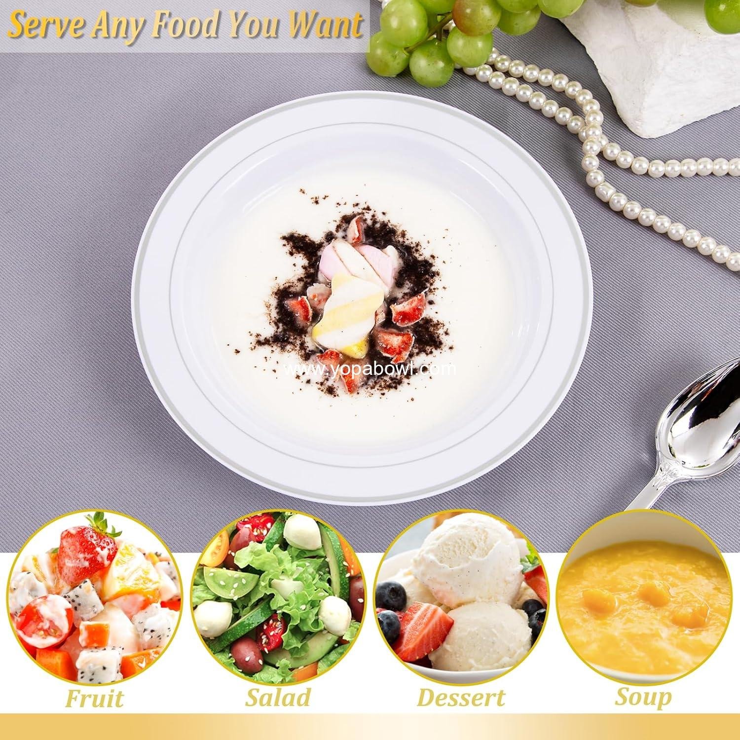 Wholesale 50 Pack Disposable 12oz Plastic Bowls with Silver Rim - Heavy Duty Soup, Salad, and Dessert Bowls for Weddings, Parties, Catering, and Everyday Use - Factory