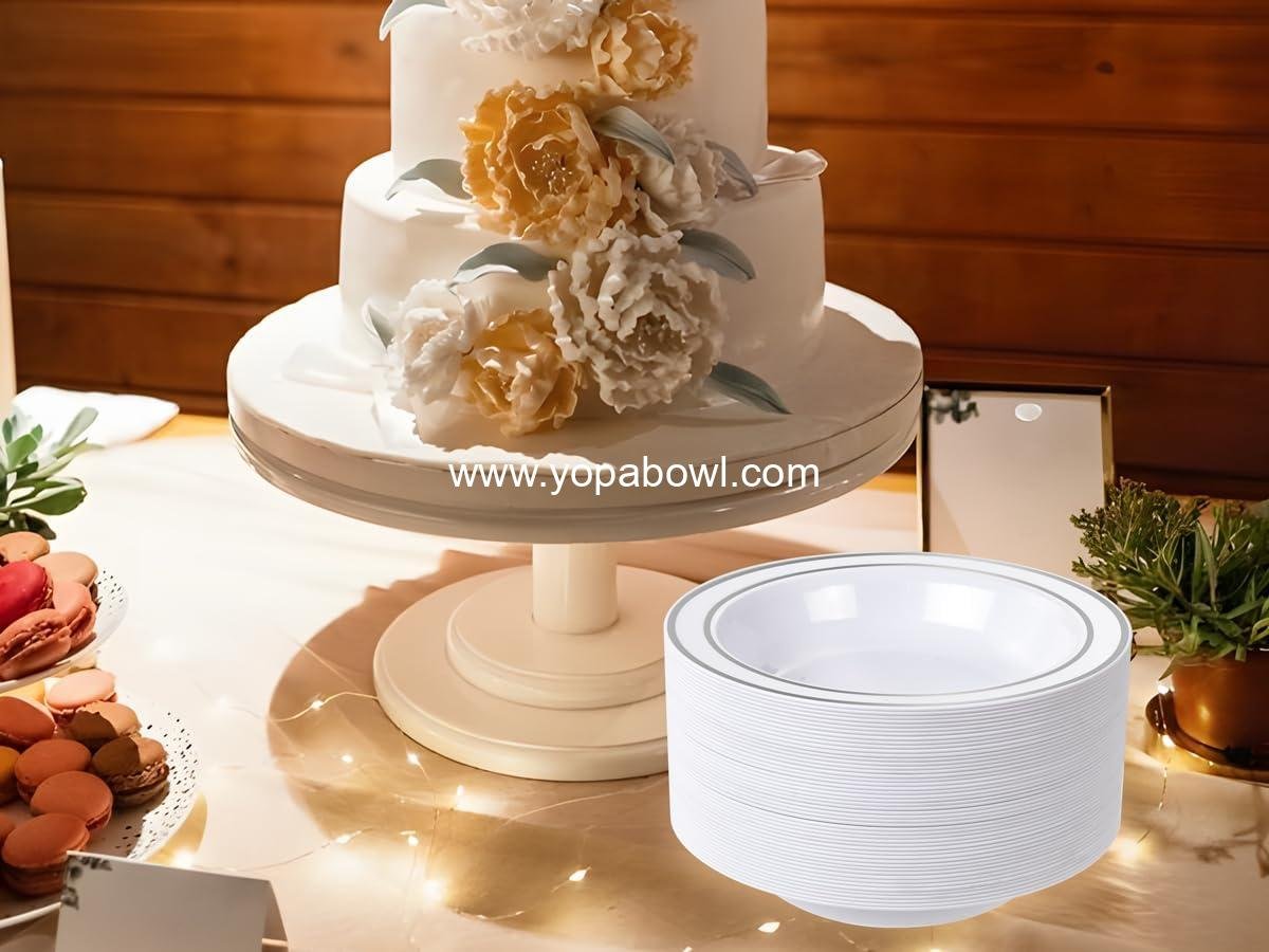 Wholesale 50 Pack Disposable 12oz Plastic Bowls with Silver Rim - Heavy Duty Soup, Salad, and Dessert Bowls for Weddings, Parties, Catering, and Everyday Use - Factory