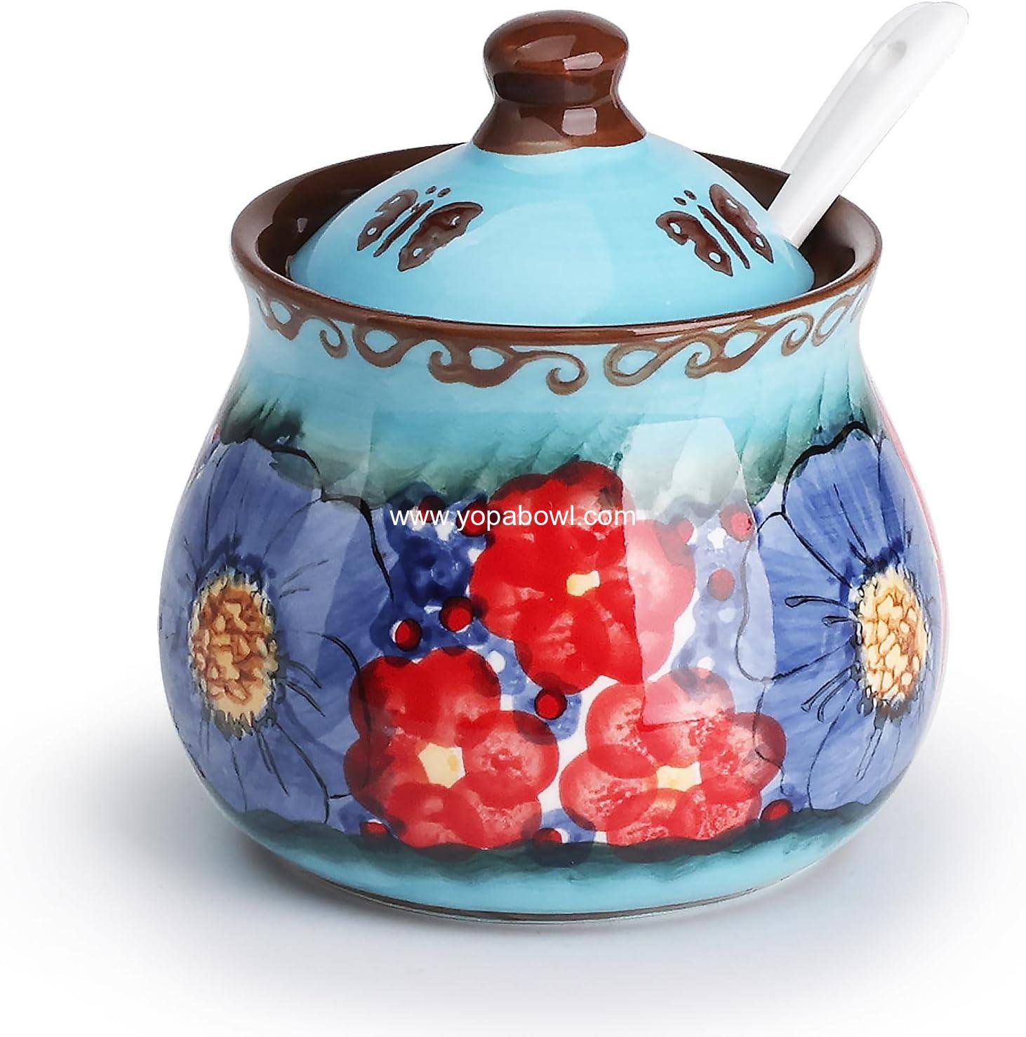 Wholesale Hand-Painted Sugar Bowl with Lid and Spoon, 9 oz Ceramic Sugar Jar for Home, Kitchen Decor, Oven, Dishwasher & Microwave Safe, Glazed Blue - Factory