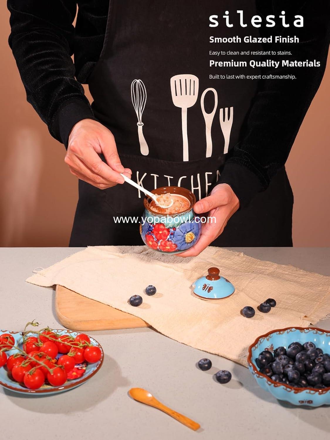 Wholesale Hand-Painted Sugar Bowl with Lid and Spoon, 9 oz Ceramic Sugar Jar for Home, Kitchen Decor, Oven, Dishwasher & Microwave Safe, Glazed Blue - Factory