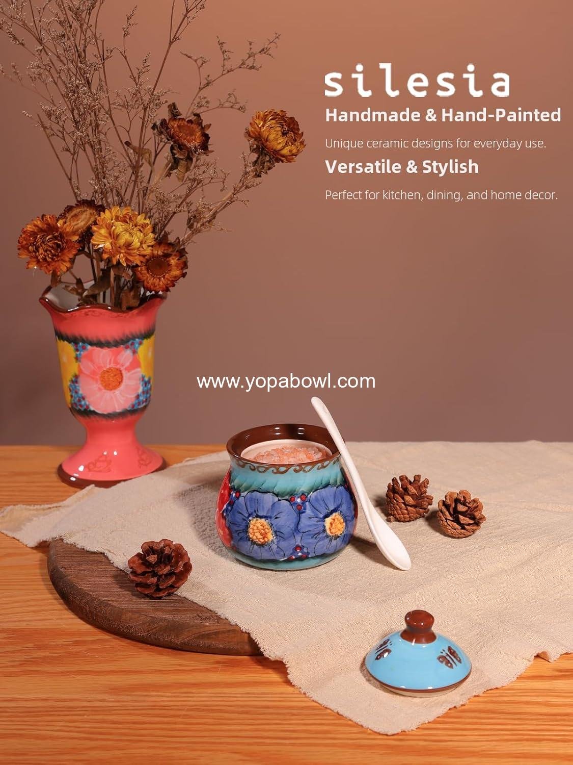 Wholesale Hand-Painted Sugar Bowl with Lid and Spoon, 9 oz Ceramic Sugar Jar for Home, Kitchen Decor, Oven, Dishwasher & Microwave Safe, Glazed Blue - Factory