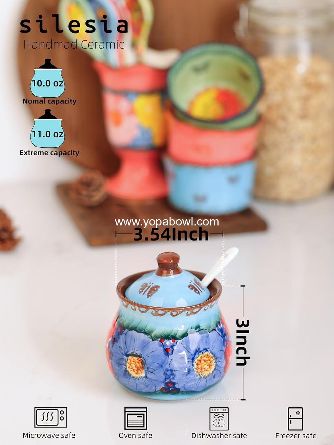 Wholesale Hand-Painted Sugar Bowl with Lid and Spoon, 9 oz Ceramic Sugar Jar for Home, Kitchen Decor, Oven, Dishwasher & Microwave Safe, Glazed Blue - Factory
