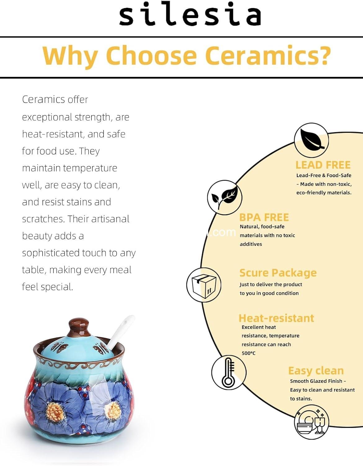 Wholesale Hand-Painted Sugar Bowl with Lid and Spoon, 9 oz Ceramic Sugar Jar for Home, Kitchen Decor, Oven, Dishwasher & Microwave Safe, Glazed Blue - Factory