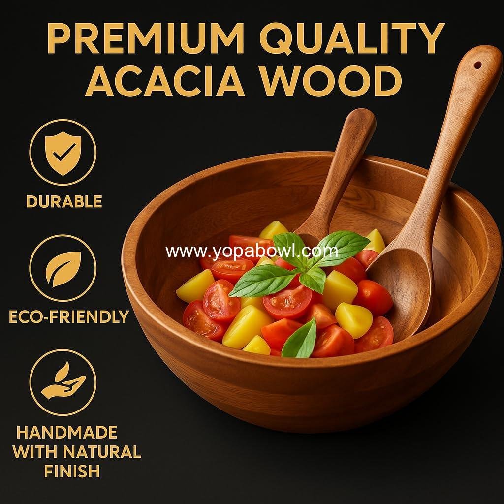 Wholesale Large 12.5 Inch Wooden Salad Serving Bowl Set with Utensils, Acacia Wood Mixing Bowl for Fruits, Salads, Snacks, Holiday Gift, Thanksgiving, Christmas Kitchen Centerpiece Factory