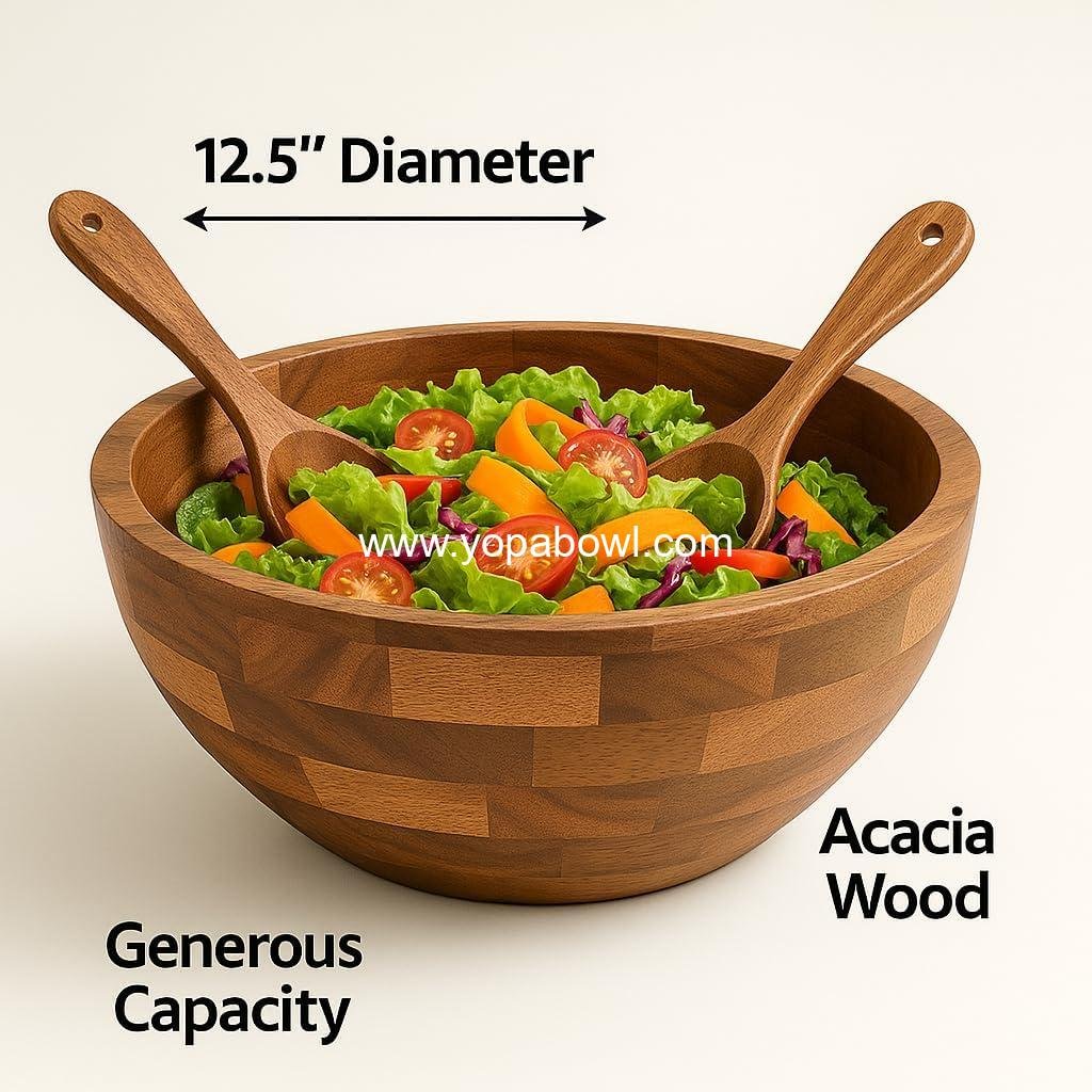 Wholesale Large 12.5 Inch Wooden Salad Serving Bowl Set with Utensils, Acacia Wood Mixing Bowl for Fruits, Salads, Snacks, Holiday Gift, Thanksgiving, Christmas Kitchen Centerpiece Factory