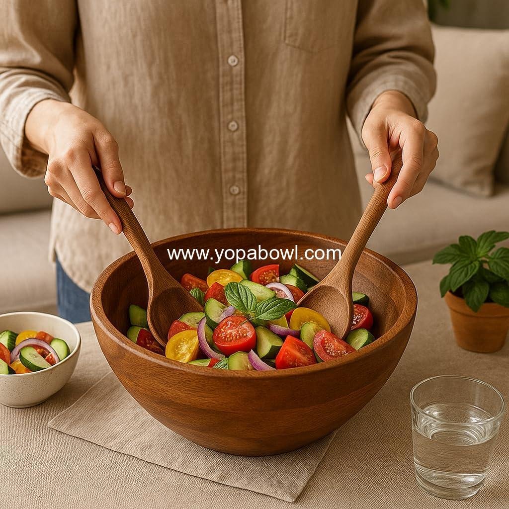 Wholesale Large 12.5 Inch Wooden Salad Serving Bowl Set with Utensils, Acacia Wood Mixing Bowl for Fruits, Salads, Snacks, Holiday Gift, Thanksgiving, Christmas Kitchen Centerpiece Factory