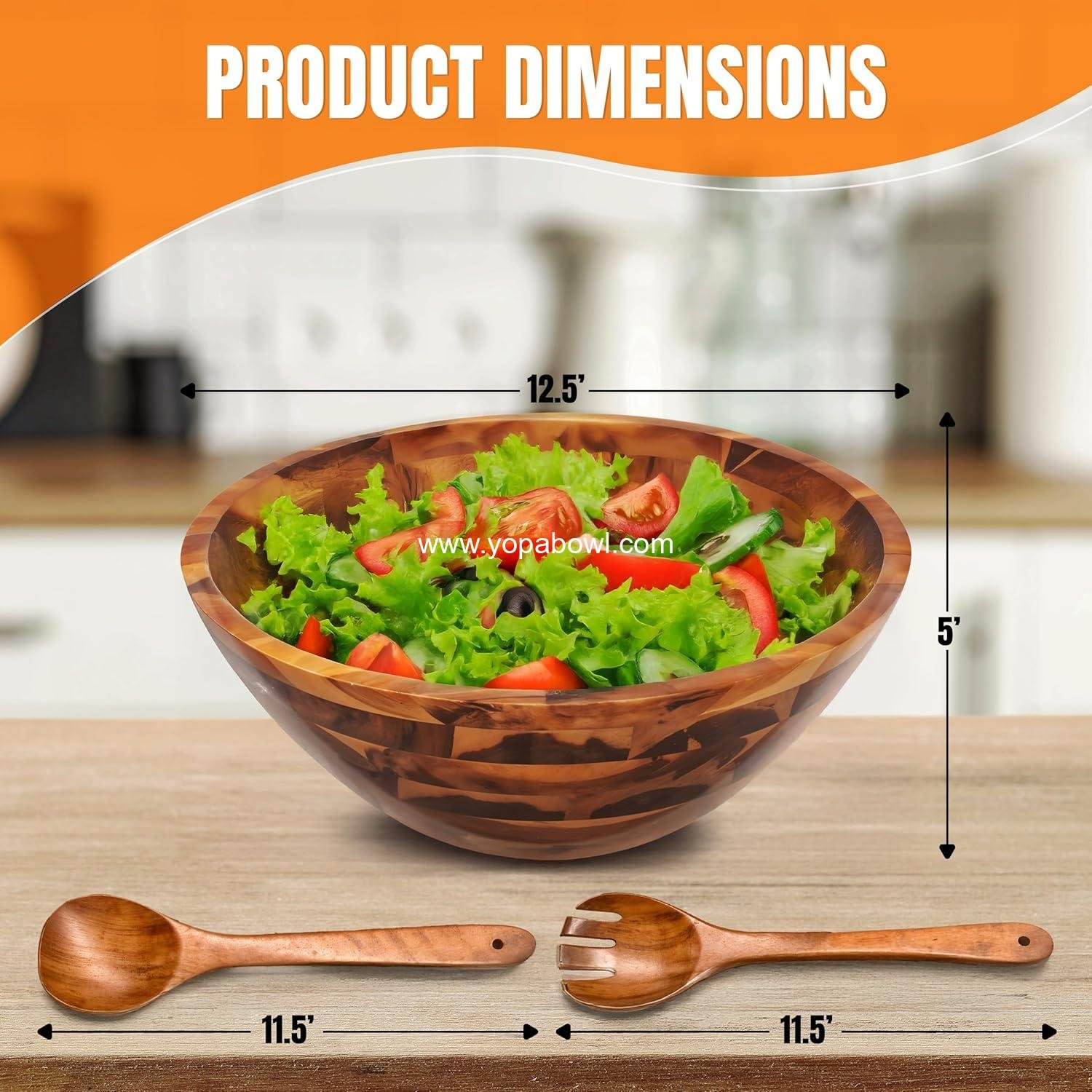 Wholesale Large 12.5 Inch Wooden Salad Serving Bowl Set with Utensils, Acacia Wood Mixing Bowl for Fruits, Salads, Snacks, Holiday Gift, Thanksgiving, Christmas Kitchen Centerpiece Factory
