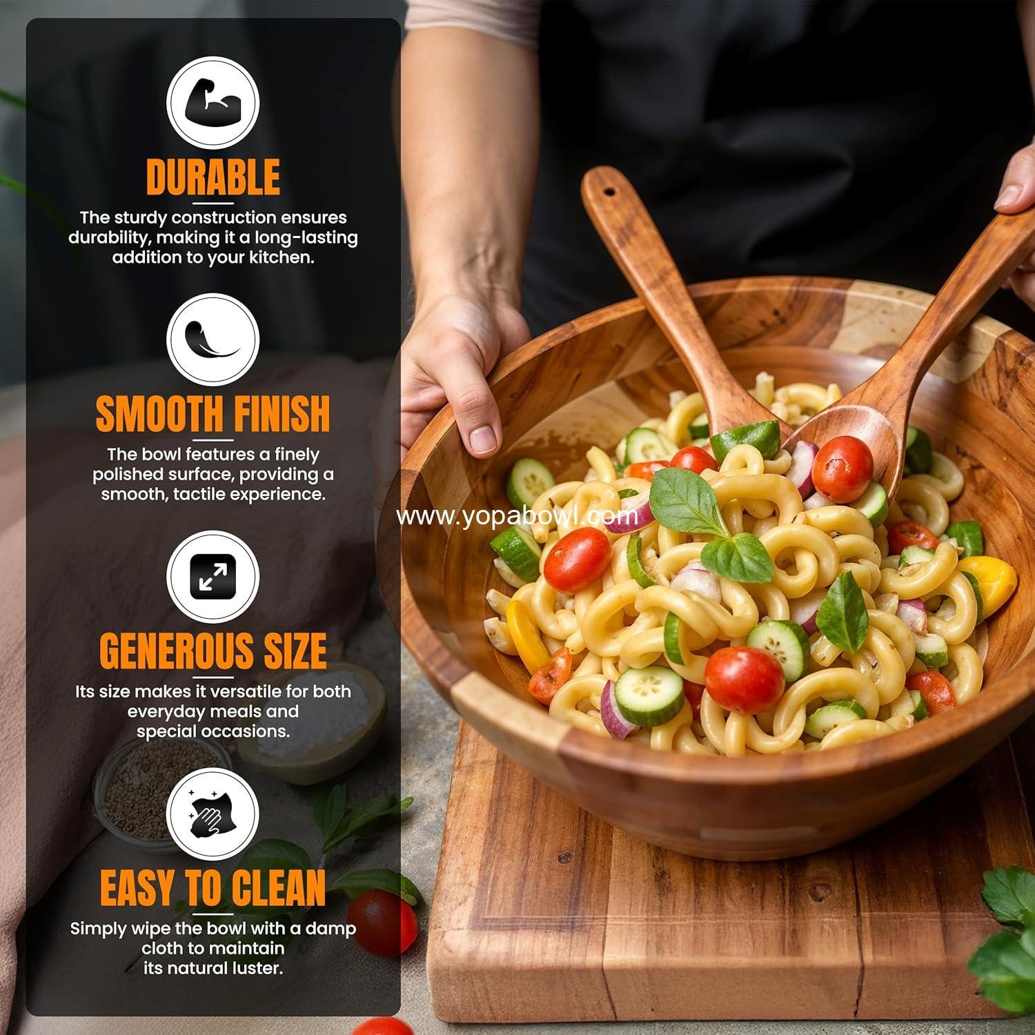 Wholesale Large 12.5 Inch Wooden Salad Serving Bowl Set with Utensils, Acacia Wood Mixing Bowl for Fruits, Salads, Snacks, Holiday Gift, Thanksgiving, Christmas Kitchen Centerpiece Factory