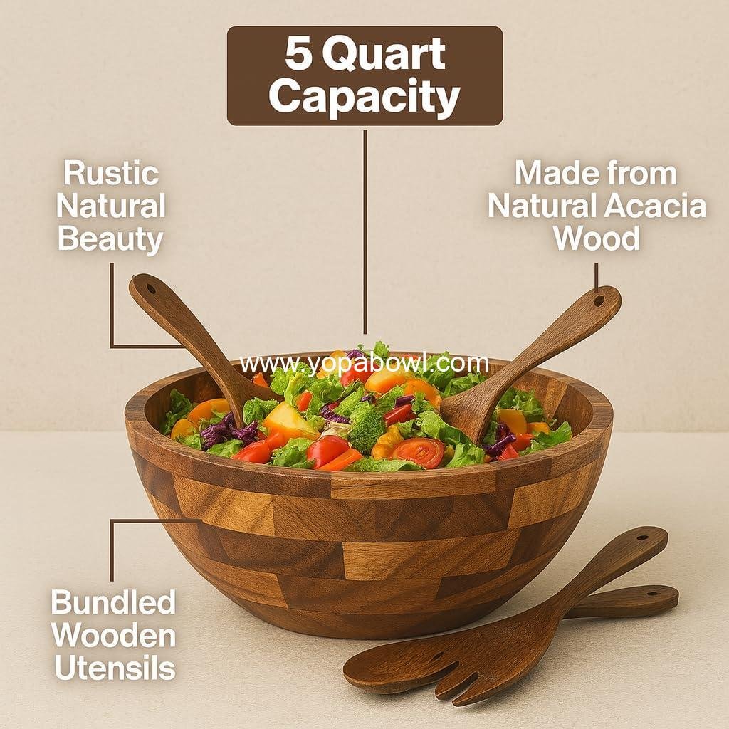 Wholesale Large 12.5 Inch Wooden Salad Serving Bowl Set with Utensils, Acacia Wood Mixing Bowl for Fruits, Salads, Snacks, Holiday Gift, Thanksgiving, Christmas Kitchen Centerpiece Factory