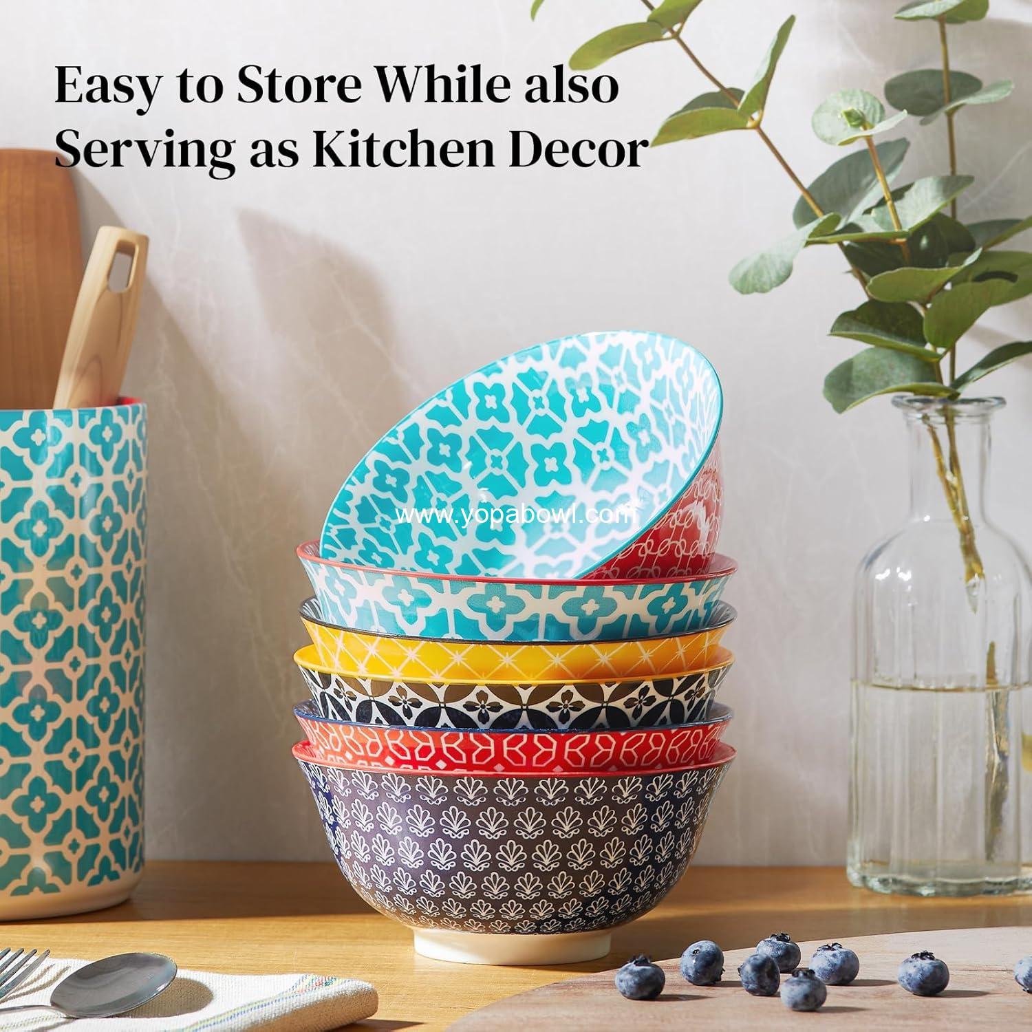 OEM Soup Bowls Set of 6, 23 OZ Large Cereal Bowls with Colorful Pattern for Kitchen Decor, Dishwasher and Microwave Safe, Housewarming Gift, Factory