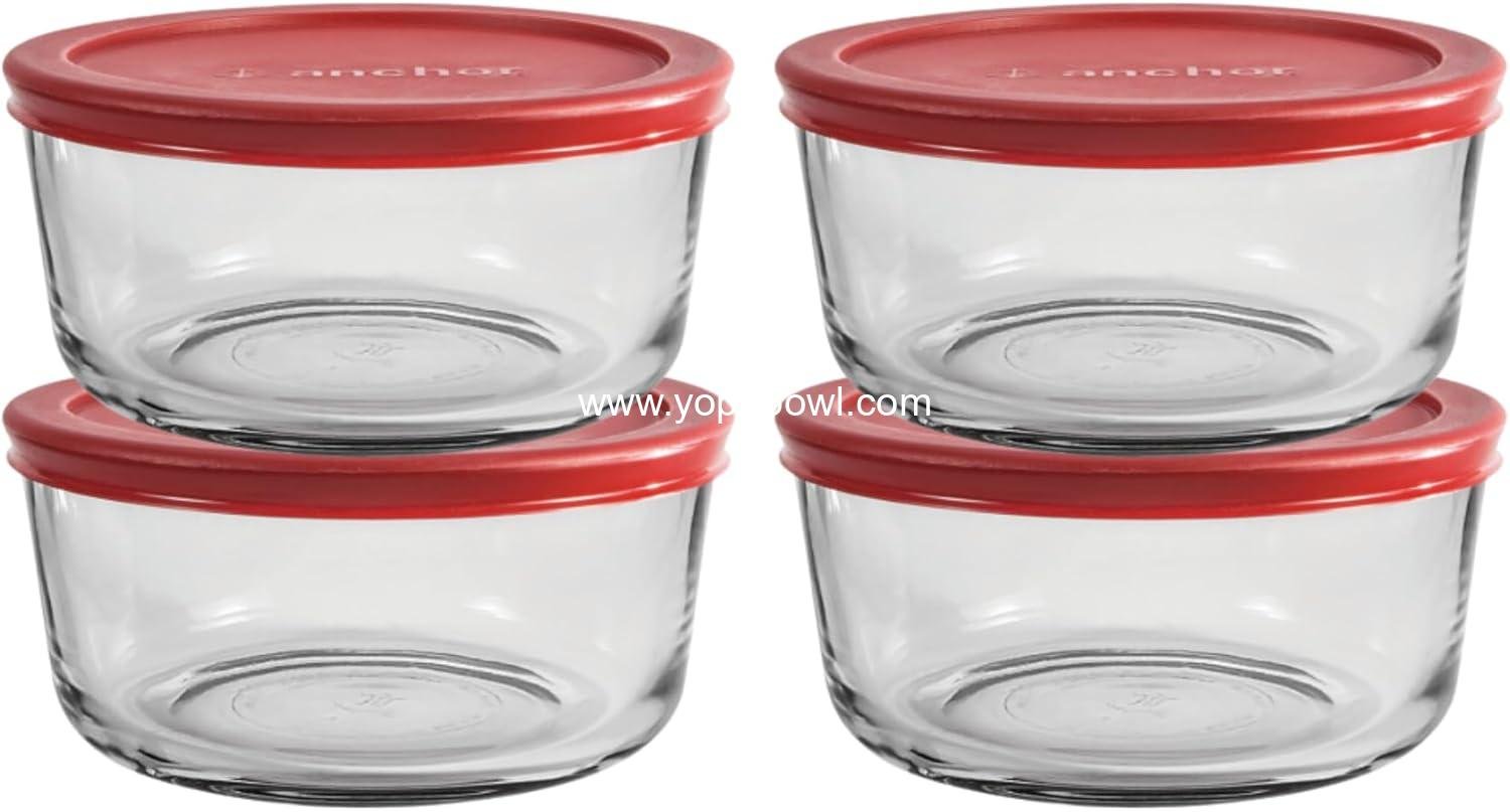 Anchor Hocking 4 Cup Glass Storage Containers with Lids, Set of 4 Glass Food Storage Containers with Red SnugFit Lids