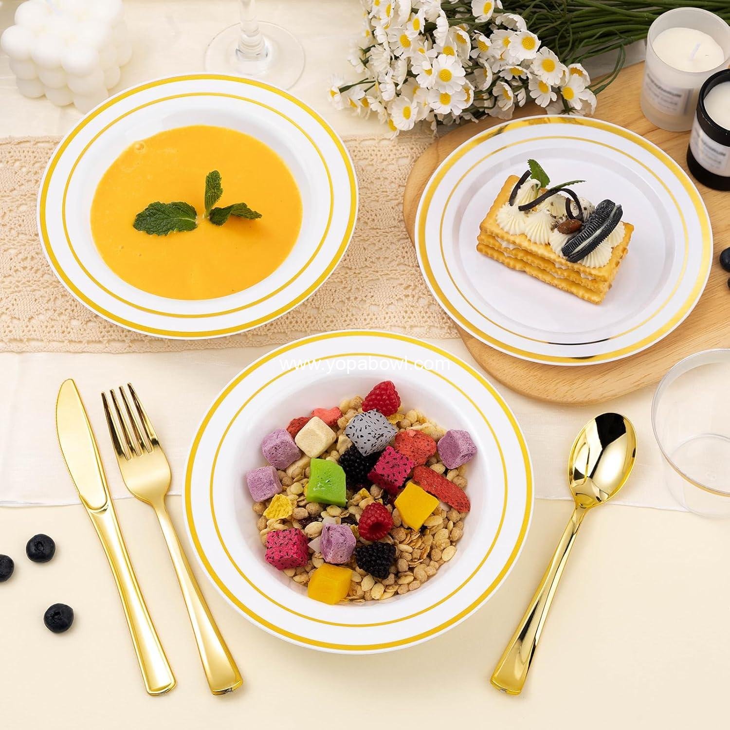 Wholesale 100 Pack Disposable Soup Bowls with Gold Rim, 12oz Heavy Duty Plastic Dinner Bowls for Party, Wedding, and Holiday Factory