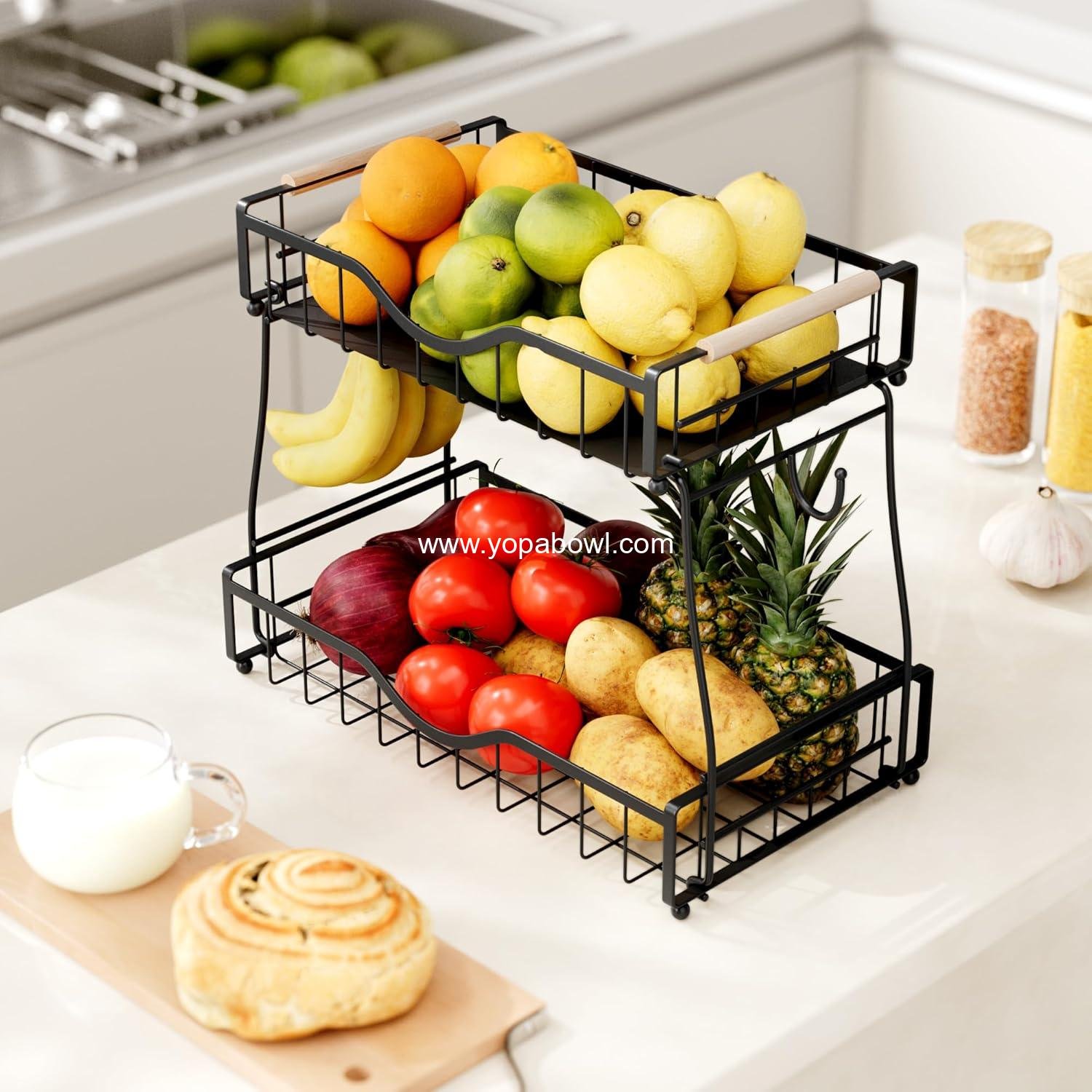 Wholesale 2 Tier Fruit Basket for Kitchen Countertop, Detachable Metal Bowl with 2 Banana Hangers, Wooden Handles and Protective Pads, Large Capacity Organizer for Fruits and Vegetables, Black Manufacturer Wholesale 2 Tier Fruit Basket for Kitchen Countertop, Detachable Metal Bowl with 2 Banana Hangers, Wooden Handles and Protective Pads, Large Capacity Organizer for Fruits and Vegetables, Black Manufacturer