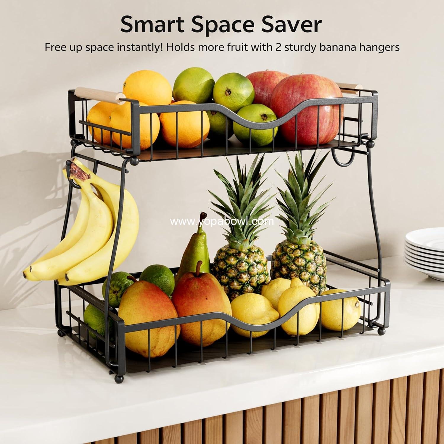 Wholesale 2 Tier Fruit Basket for Kitchen Countertop, Detachable Metal Bowl with 2 Banana Hangers, Wooden Handles and Protective Pads, Large Capacity Organizer for Fruits and Vegetables, Black Manufacturer Wholesale 2 Tier Fruit Basket for Kitchen Countertop, Detachable Metal Bowl with 2 Banana Hangers, Wooden Handles and Protective Pads, Large Capacity Organizer for Fruits and Vegetables, Black Manufacturer
