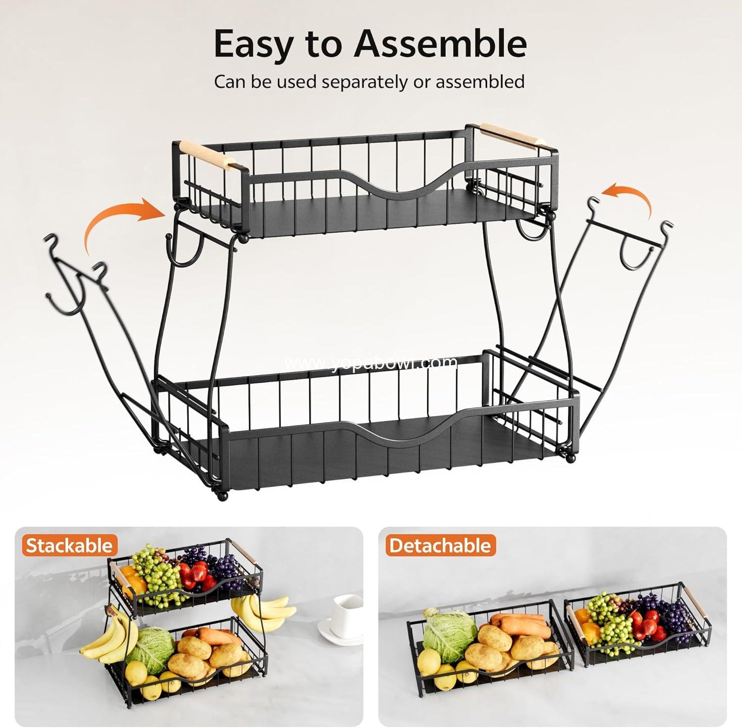 Wholesale 2 Tier Fruit Basket for Kitchen Countertop, Detachable Metal Bowl with 2 Banana Hangers, Wooden Handles and Protective Pads, Large Capacity Organizer for Fruits and Vegetables, Black Manufacturer Wholesale 2 Tier Fruit Basket for Kitchen Countertop, Detachable Metal Bowl with 2 Banana Hangers, Wooden Handles and Protective Pads, Large Capacity Organizer for Fruits and Vegetables, Black Manufacturer