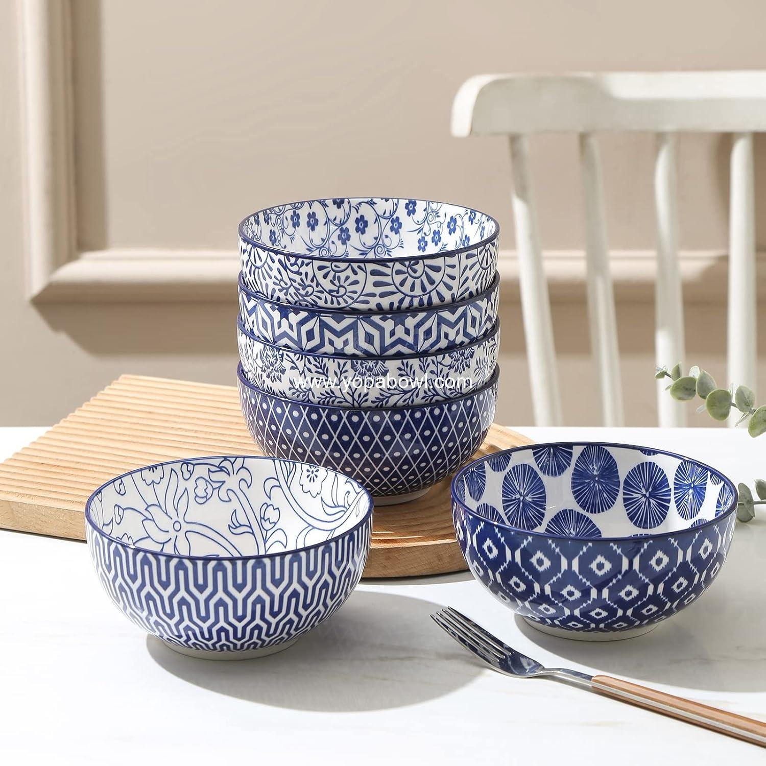 Wholesale Deep Soup Bowls Set of 6, 24 Oz 5.9 Inch Porcelain Cereal and Dessert Bowls for Salad, Pasta, Oatmeal, Ramen, Microwave and Dishwasher Safe, Vintage Blue Factory
