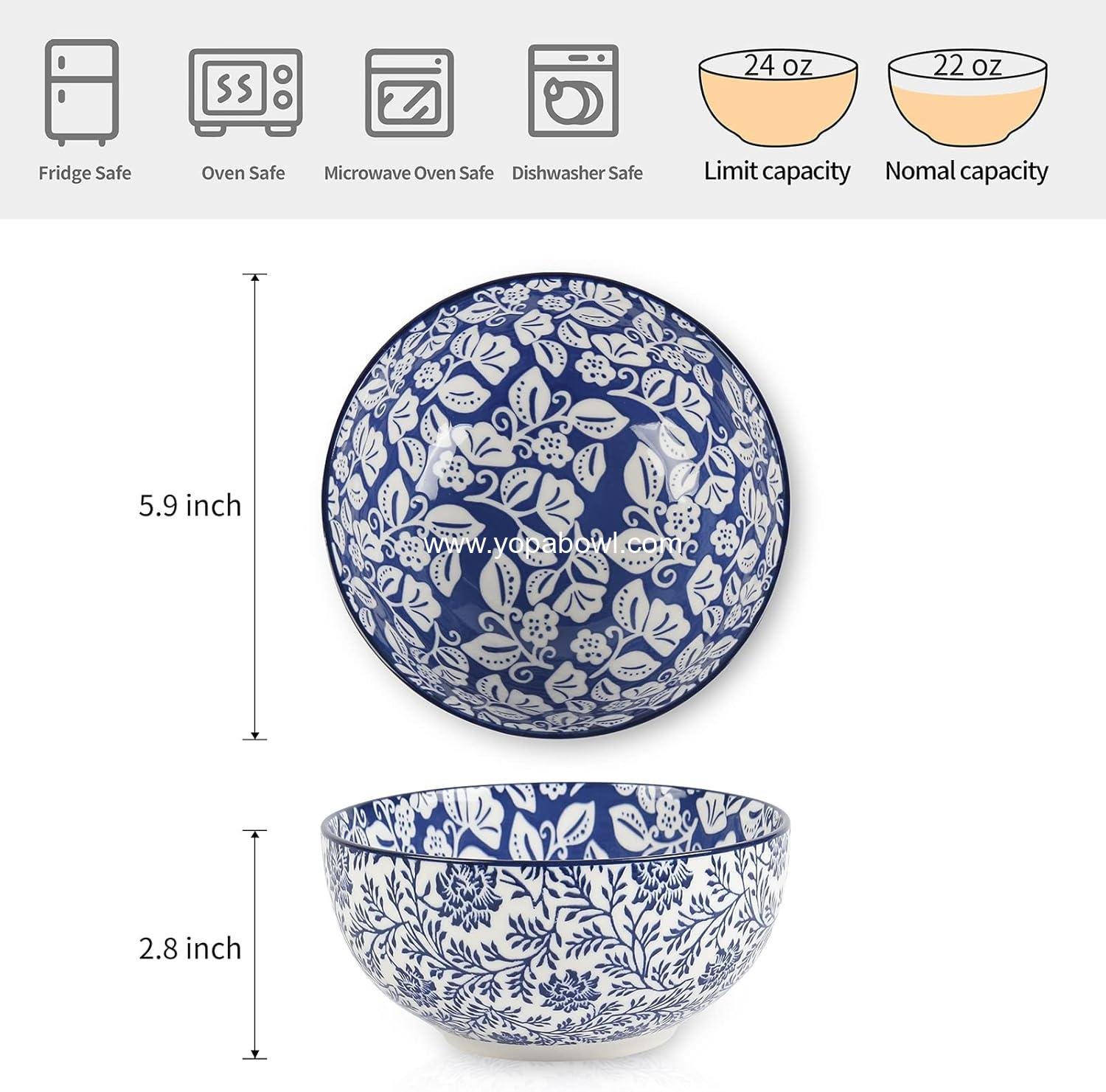 Wholesale Deep Soup Bowls Set of 6, 24 Oz 5.9 Inch Porcelain Cereal and Dessert Bowls for Salad, Pasta, Oatmeal, Ramen, Microwave and Dishwasher Safe, Vintage Blue Factory
