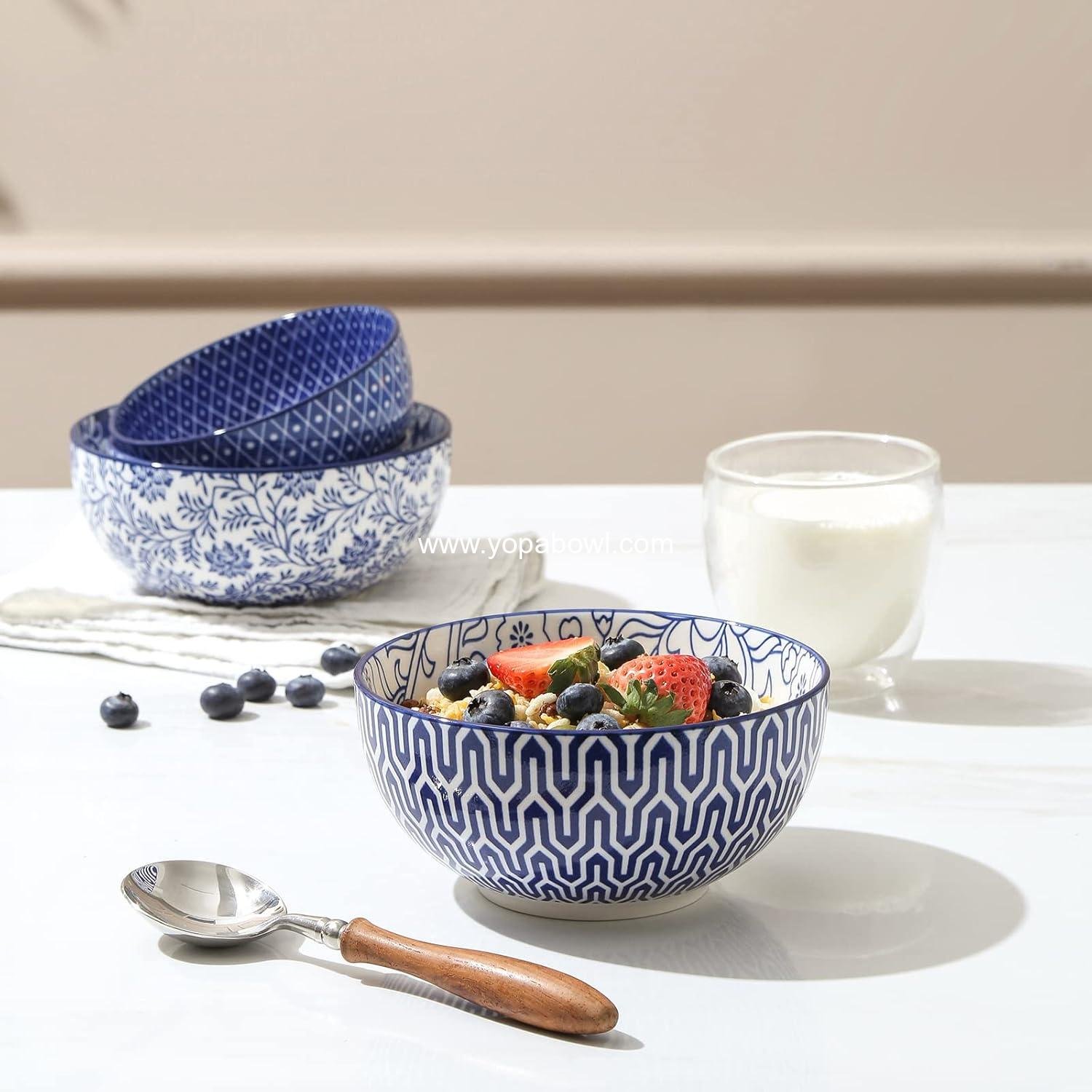 Wholesale Deep Soup Bowls Set of 6, 24 Oz 5.9 Inch Porcelain Cereal and Dessert Bowls for Salad, Pasta, Oatmeal, Ramen, Microwave and Dishwasher Safe, Vintage Blue Factory