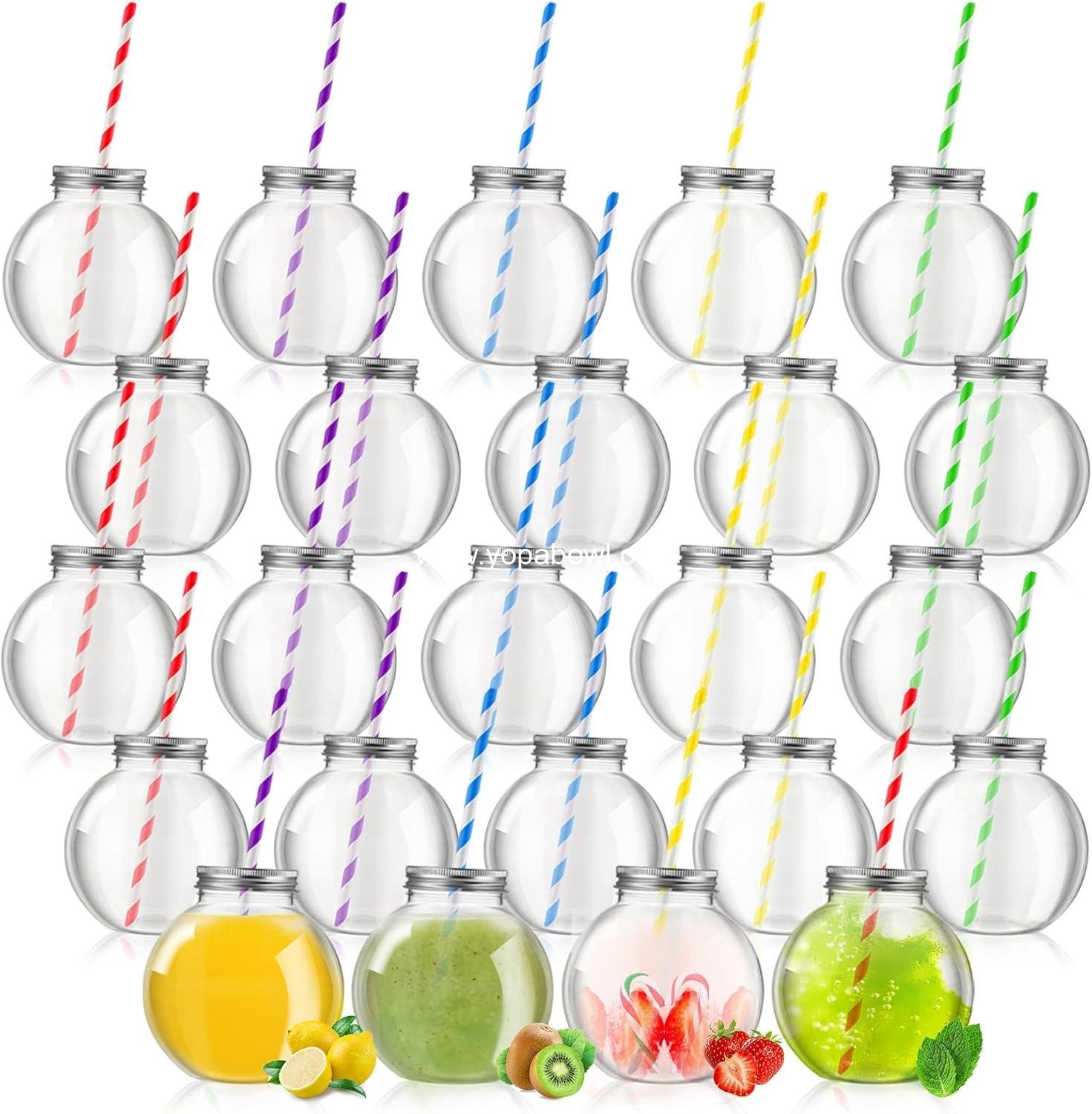 Yaomiao 24 Pcs 10 oz Mini Plastic Fish Bowl Ornament Cups for Drinks Clear Spherical Potion Bottles with Lids and Straws Bulb Cups for Christmas Carnival Candy Party Decorations (Multicolor)