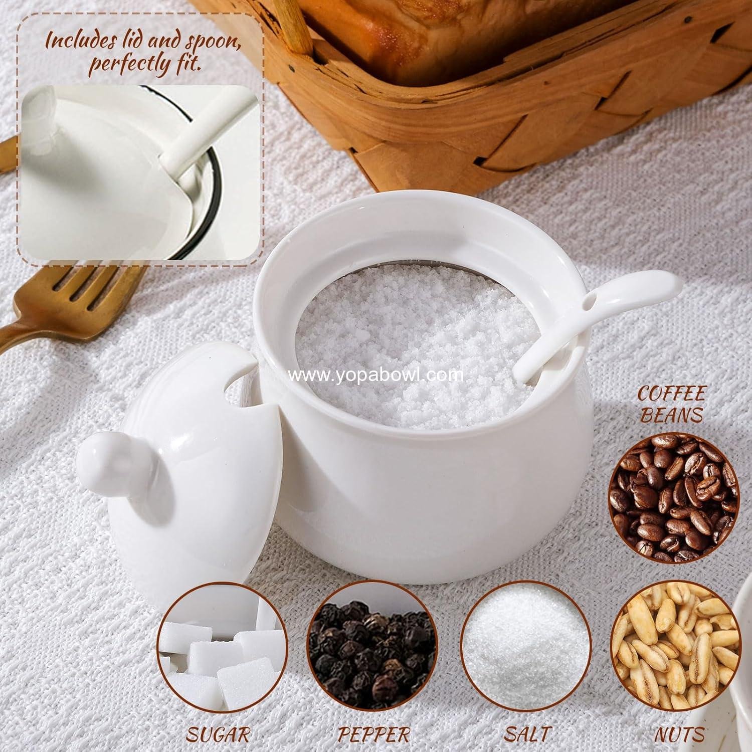 Wholesale 7oz Farmhouse White Ceramic Sugar Bowl with Lid and Spoon, Porcelain Condiment Pot for Seasoning, Salt Container Jar for Coffee Table, Factory