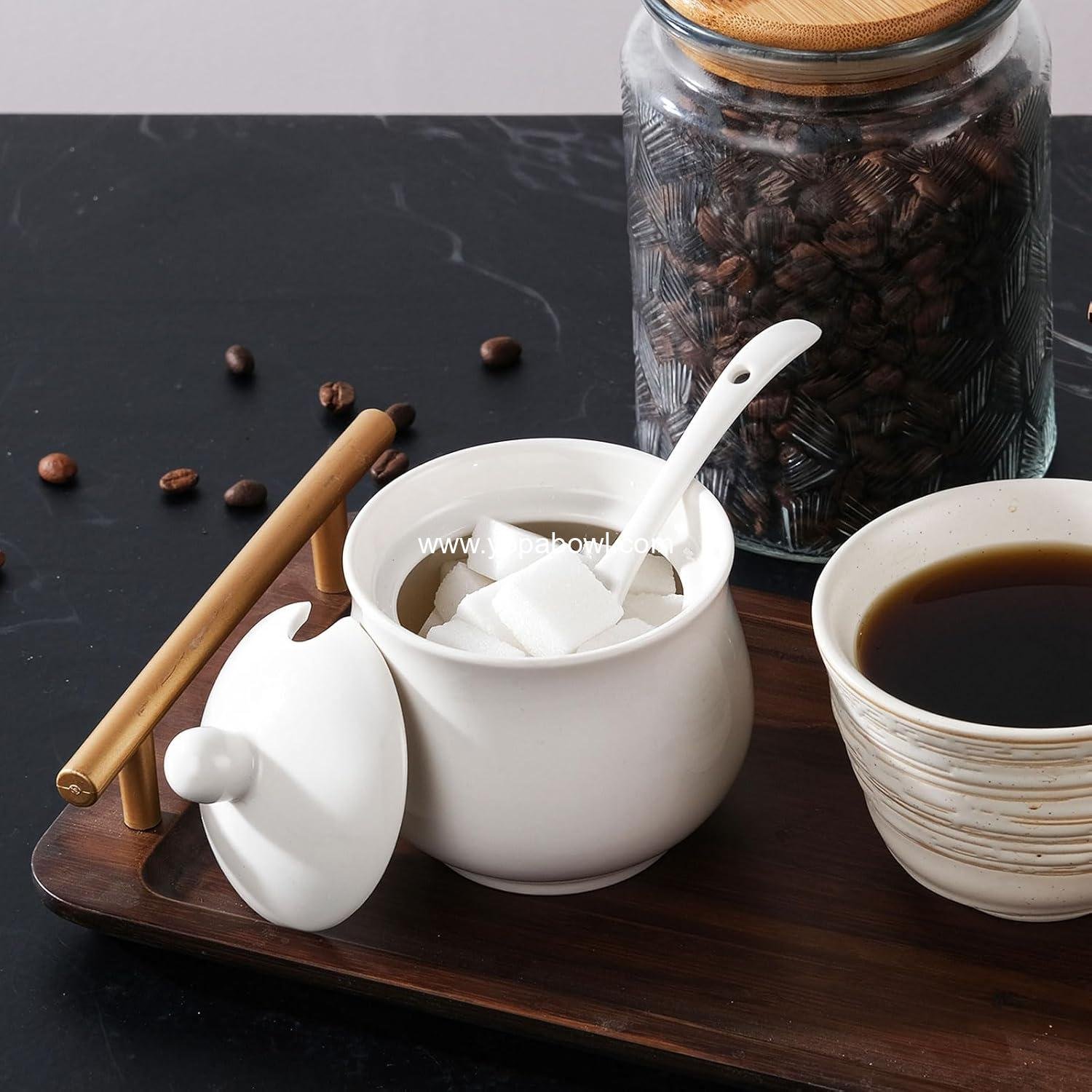 Wholesale 7oz Farmhouse White Ceramic Sugar Bowl with Lid and Spoon, Porcelain Condiment Pot for Seasoning, Salt Container Jar for Coffee Table, Factory