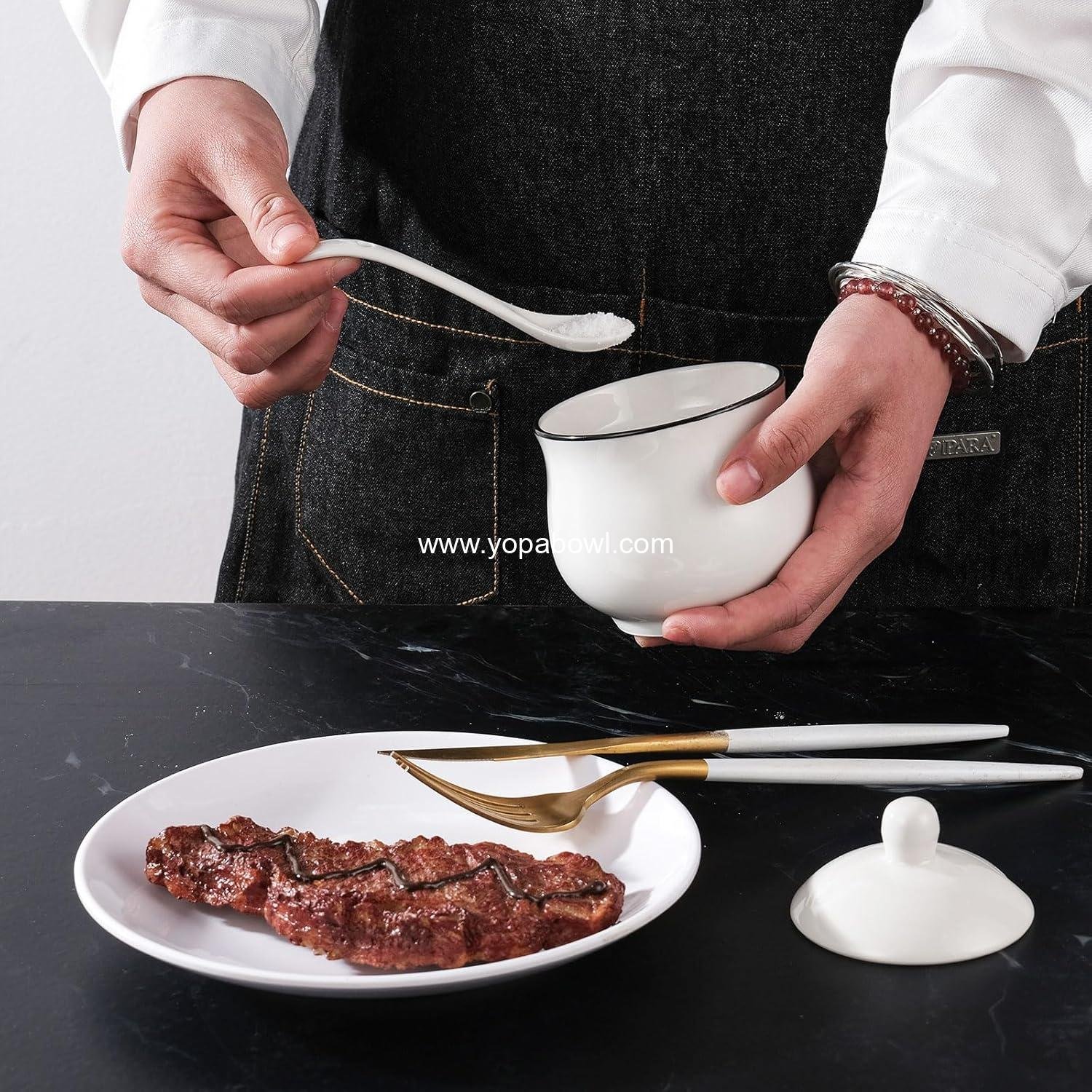 Wholesale 7oz Farmhouse White Ceramic Sugar Bowl with Lid and Spoon, Porcelain Condiment Pot for Seasoning, Salt Container Jar for Coffee Table, Factory