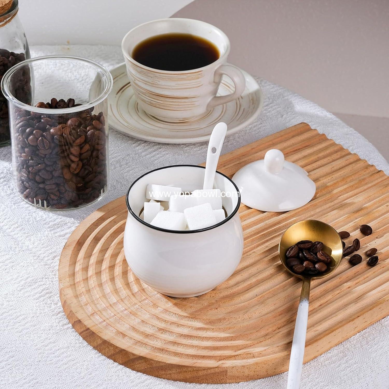 Wholesale 7oz Farmhouse White Ceramic Sugar Bowl with Lid and Spoon, Porcelain Condiment Pot for Seasoning, Salt Container Jar for Coffee Table, Factory