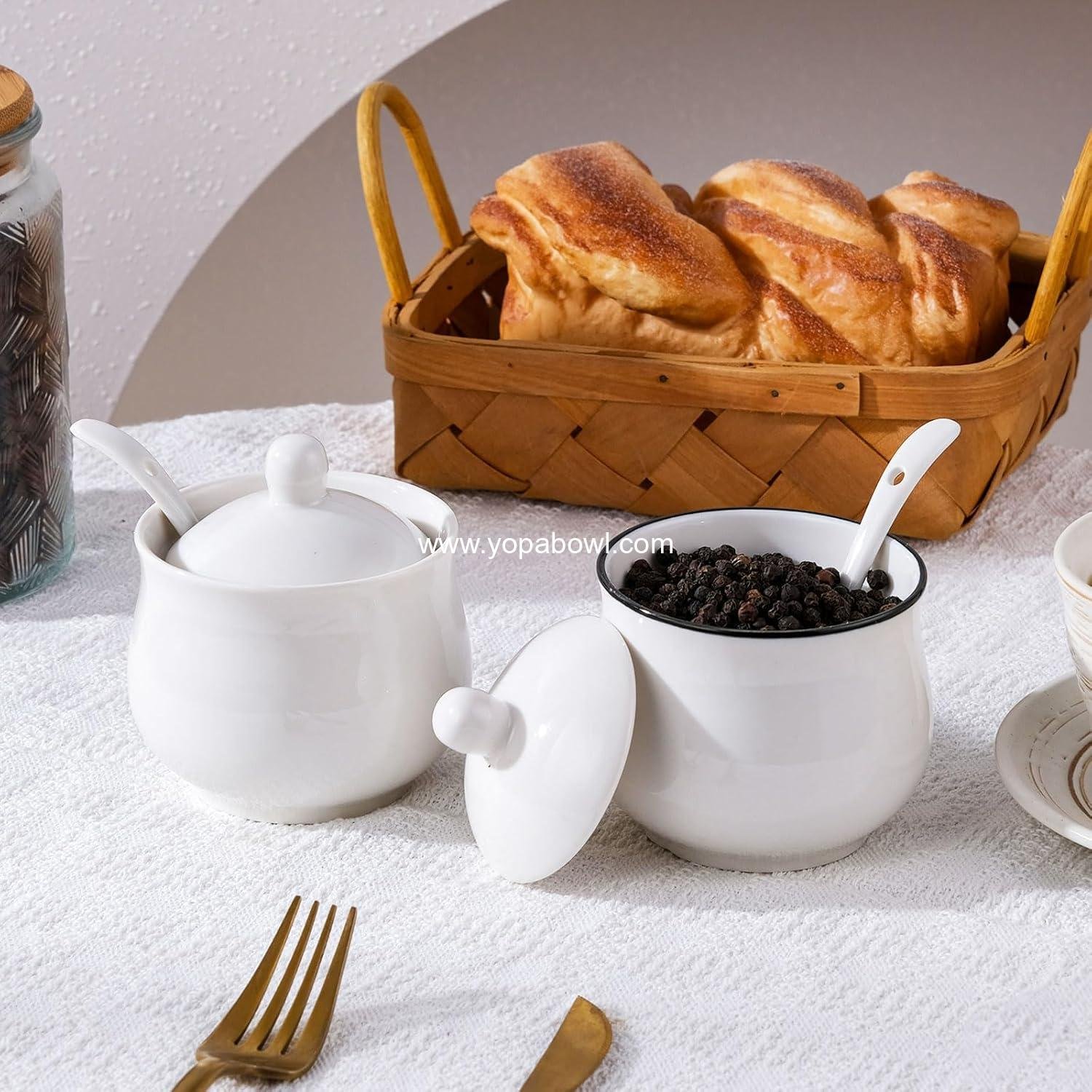Wholesale 7oz Farmhouse White Ceramic Sugar Bowl with Lid and Spoon, Porcelain Condiment Pot for Seasoning, Salt Container Jar for Coffee Table, Factory