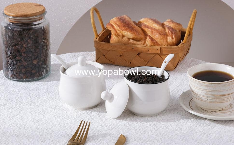 Wholesale 7oz Farmhouse White Ceramic Sugar Bowl with Lid and Spoon, Porcelain Condiment Pot for Seasoning, Salt Container Jar for Coffee Table, Factory