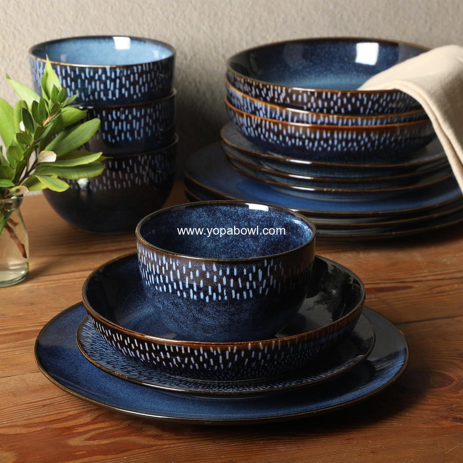 OEM 16-Piece Dinnerware Set - Double Bowl Reactive Glaze Ceramic Stoneware in Blue - Plates and Bowls for 4, Microwave & Dishwasher Safe, Rustic Modern Design Manufacturer OEM 16-Piece Dinnerware Set - Double Bowl Reactive Glaze Ceramic Stoneware in Blue - Plates and Bowls for 4, Microwave & Dishwasher Safe, Rustic Modern Design Manufacturer
