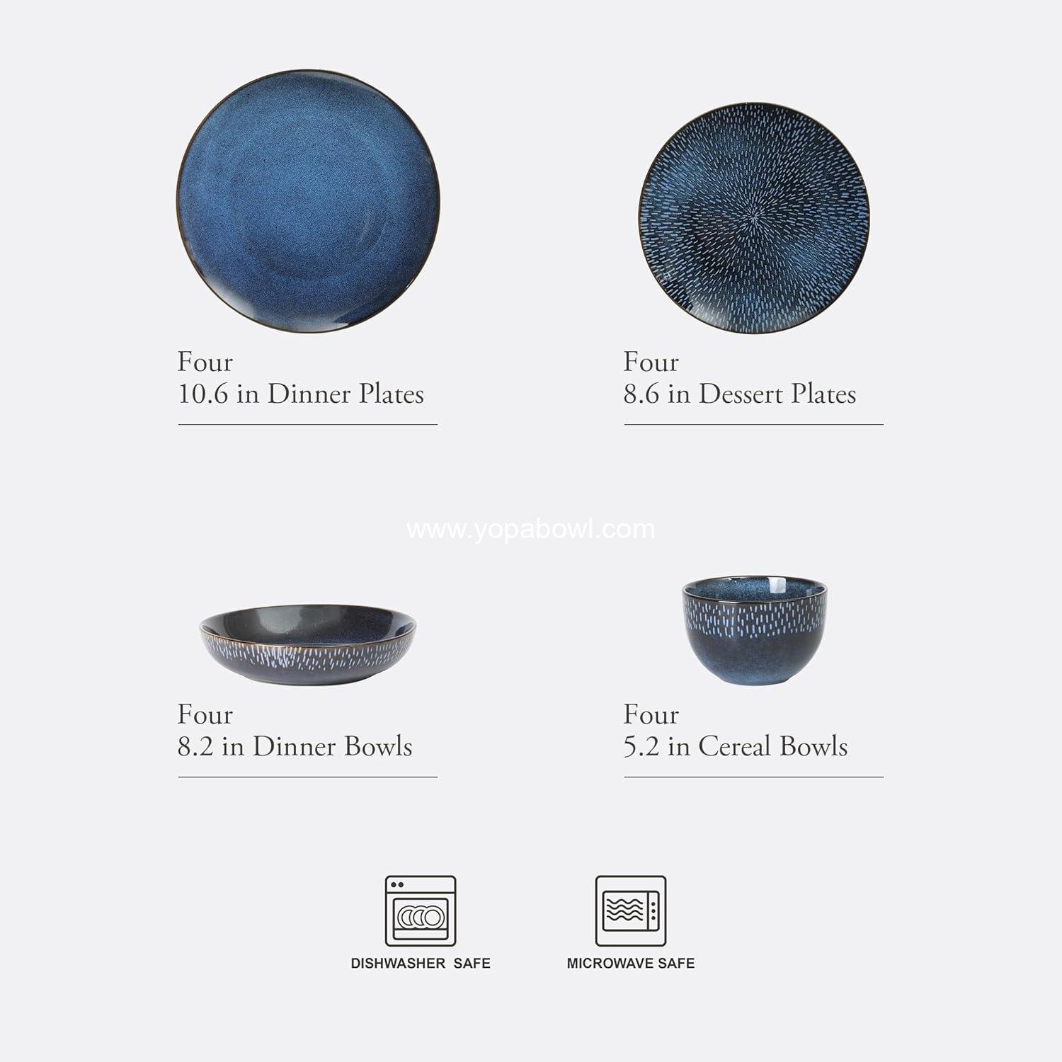 OEM 16-Piece Dinnerware Set - Double Bowl Reactive Glaze Ceramic Stoneware in Blue - Plates and Bowls for 4, Microwave & Dishwasher Safe, Rustic Modern Design Manufacturer OEM 16-Piece Dinnerware Set - Double Bowl Reactive Glaze Ceramic Stoneware in Blue - Plates and Bowls for 4, Microwave & Dishwasher Safe, Rustic Modern Design Manufacturer