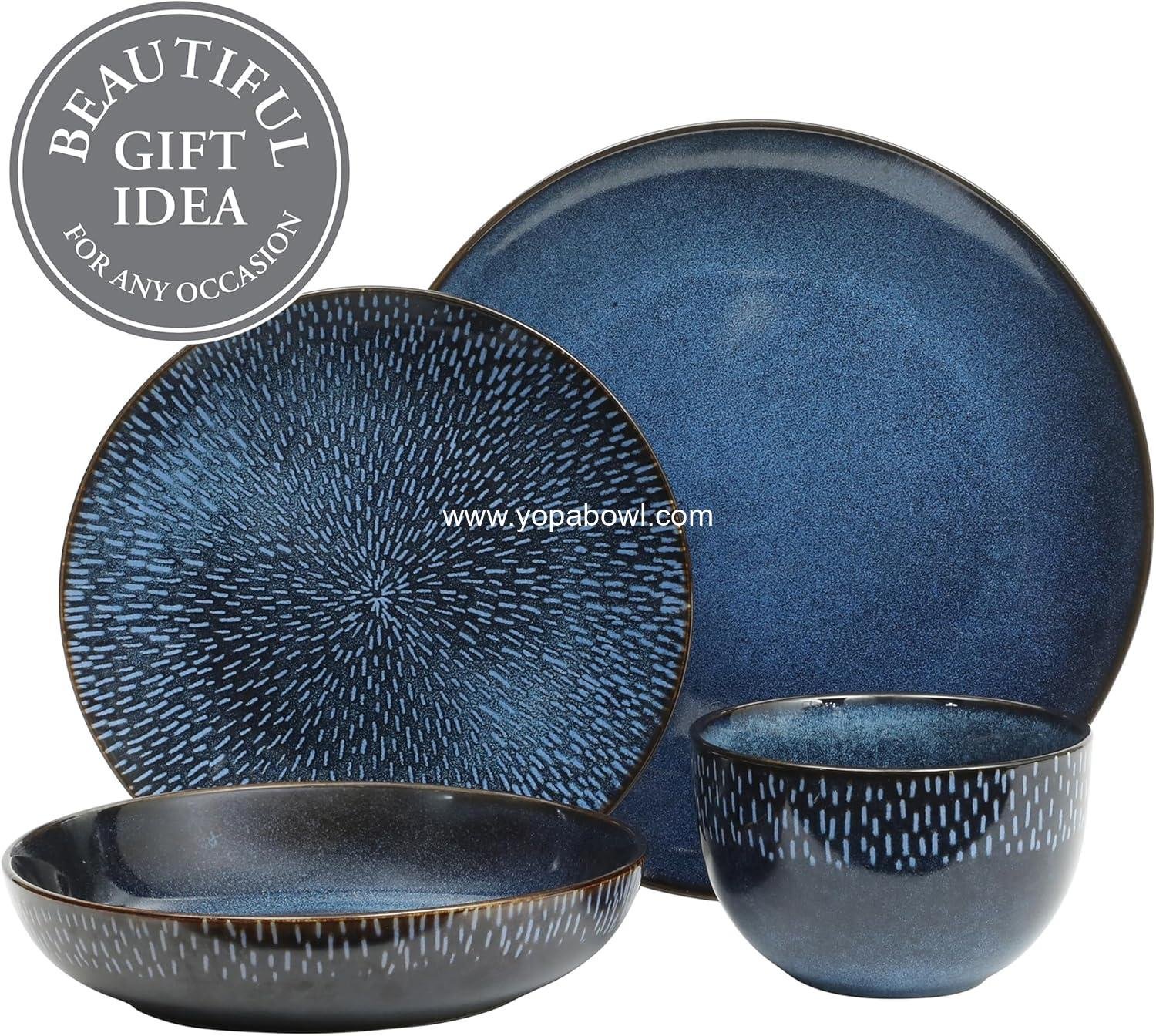 OEM 16-Piece Dinnerware Set - Double Bowl Reactive Glaze Ceramic Stoneware in Blue - Plates and Bowls for 4, Microwave & Dishwasher Safe, Rustic Modern Design Manufacturer OEM 16-Piece Dinnerware Set - Double Bowl Reactive Glaze Ceramic Stoneware in Blue - Plates and Bowls for 4, Microwave & Dishwasher Safe, Rustic Modern Design Manufacturer