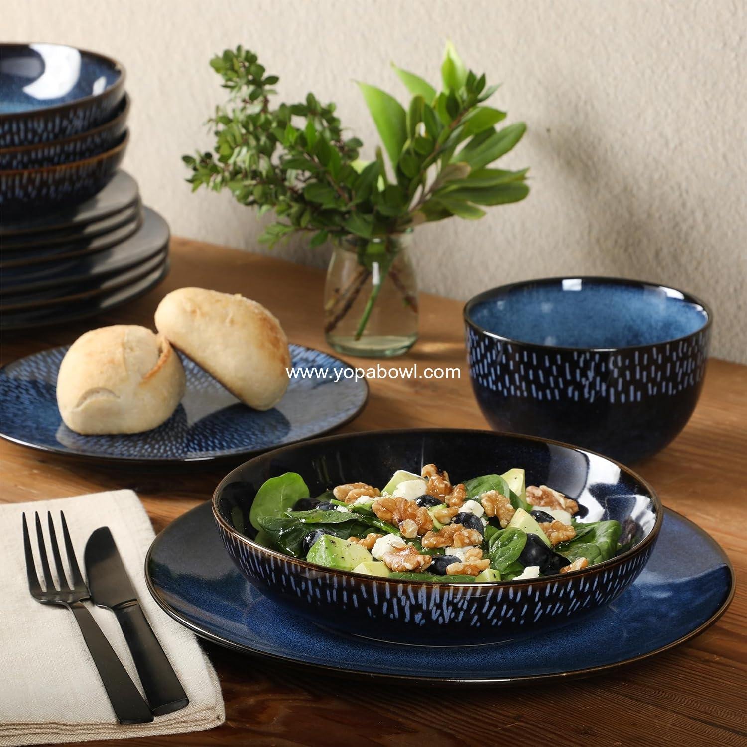 OEM 16-Piece Dinnerware Set - Double Bowl Reactive Glaze Ceramic Stoneware in Blue - Plates and Bowls for 4, Microwave & Dishwasher Safe, Rustic Modern Design Manufacturer OEM 16-Piece Dinnerware Set - Double Bowl Reactive Glaze Ceramic Stoneware in Blue - Plates and Bowls for 4, Microwave & Dishwasher Safe, Rustic Modern Design Manufacturer