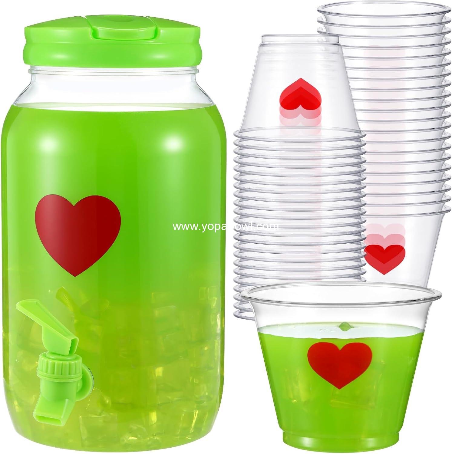 Wholesale 1 Gallon Christmas Punch Dispenser with Spigot & 25 Red Heart Plastic Cups Lime Green for Christmas Holiday Party, Mocktail Supplies Factory