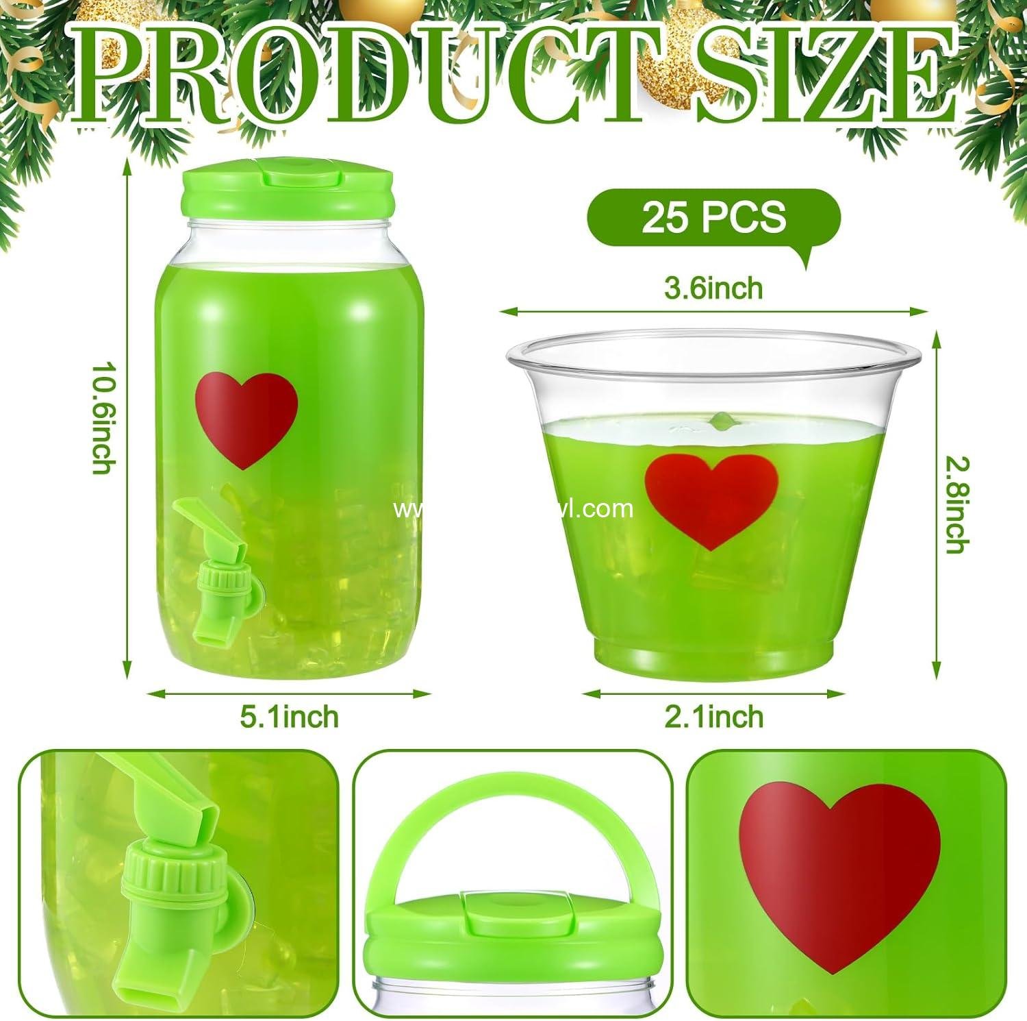 Wholesale 1 Gallon Christmas Punch Dispenser with Spigot & 25 Red Heart Plastic Cups Lime Green for Christmas Holiday Party, Mocktail Supplies Factory
