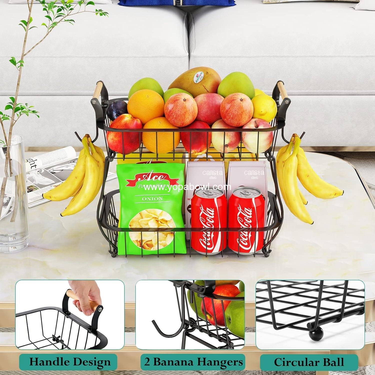 Wholesale 2 Tier Fruit Basket with 2 Banana Hangers, Countertop Vegetable Storage Bowl for Kitchen Counter, Metal Wire Organizer for Fruits, Bread, Snacks, and Veggies - Factory