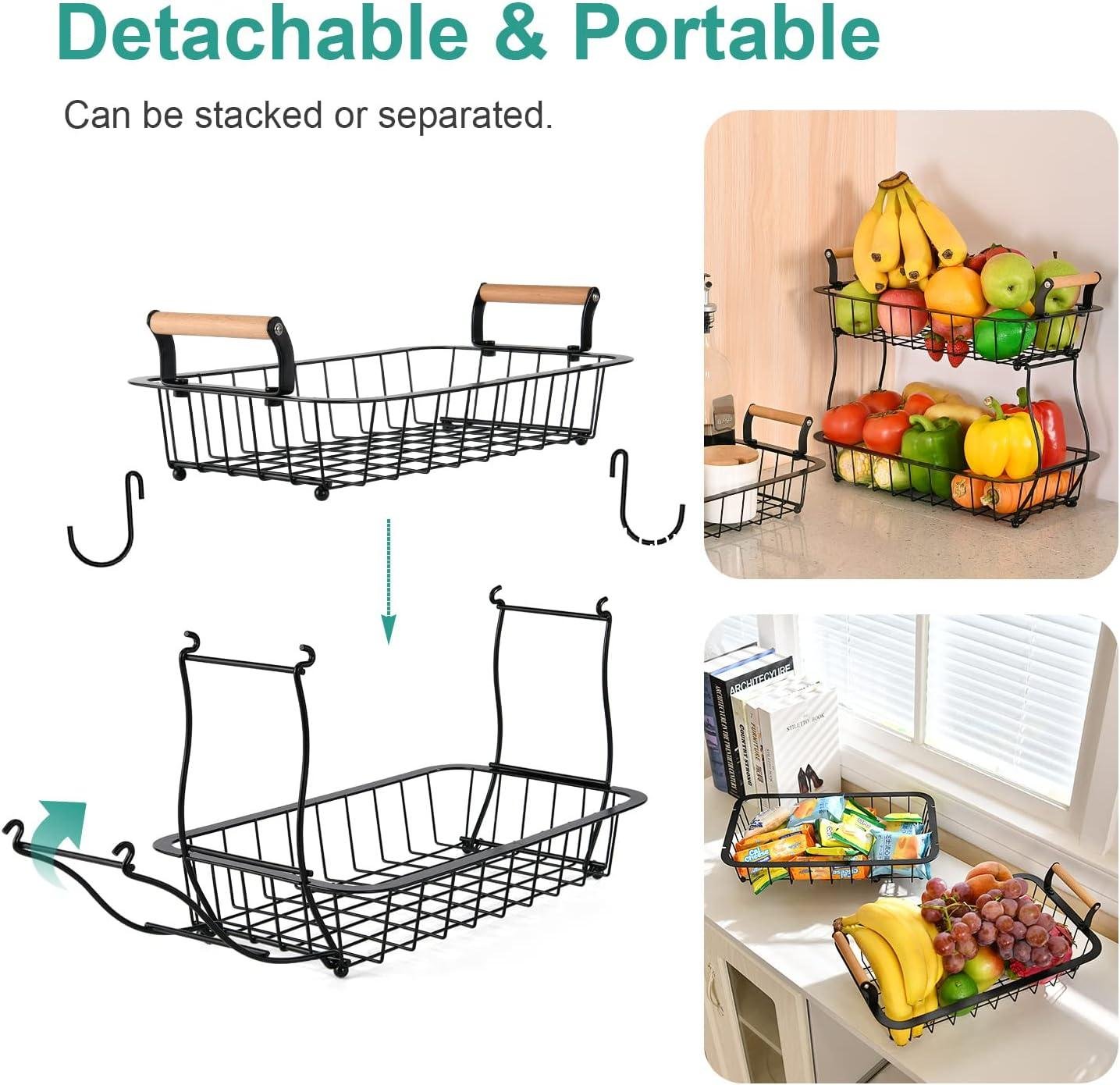Wholesale 2 Tier Fruit Basket with 2 Banana Hangers, Countertop Vegetable Storage Bowl for Kitchen Counter, Metal Wire Organizer for Fruits, Bread, Snacks, and Veggies - Factory
